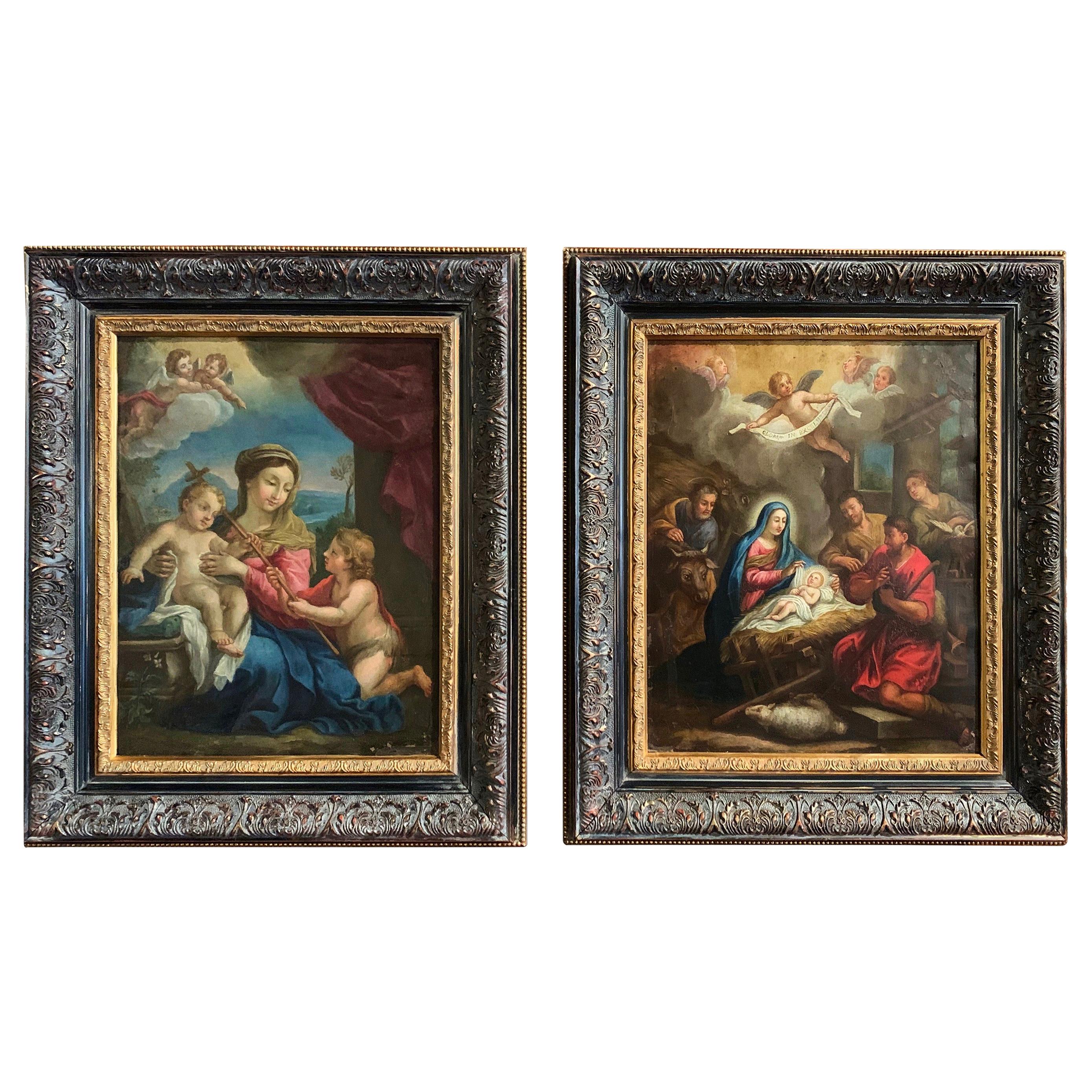 Pair of 18th Century Italian Religious Oil Paintings on Copper in Carved Frames