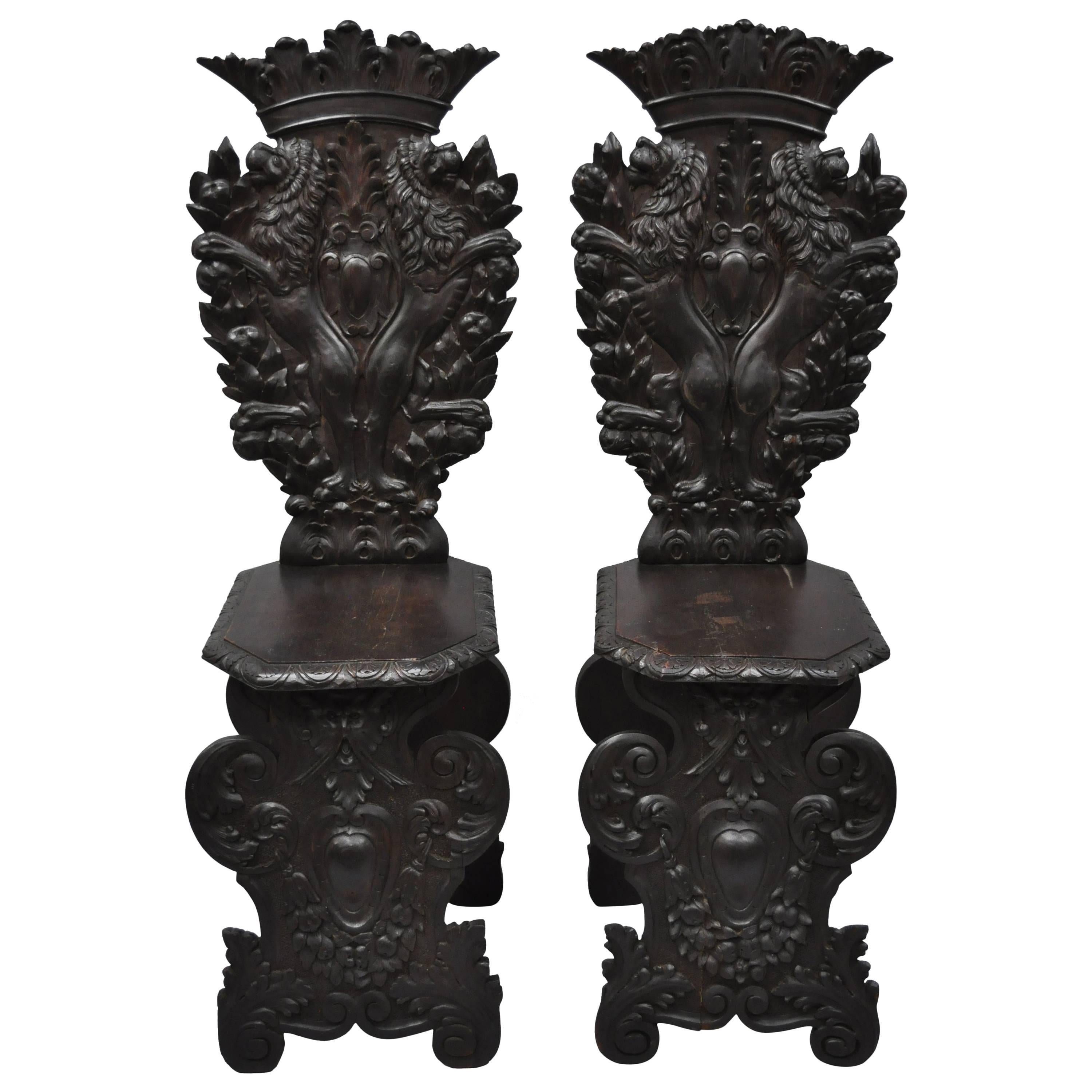 Pair of 18th Century Italian Renaissance Lion Carved Walnut Sgabello Hall Chairs