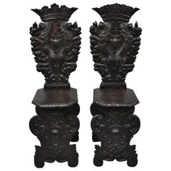 Antique Pair of 18th Century Italian Renaissance Lion Carved Walnut Sgabello Hall Chairs