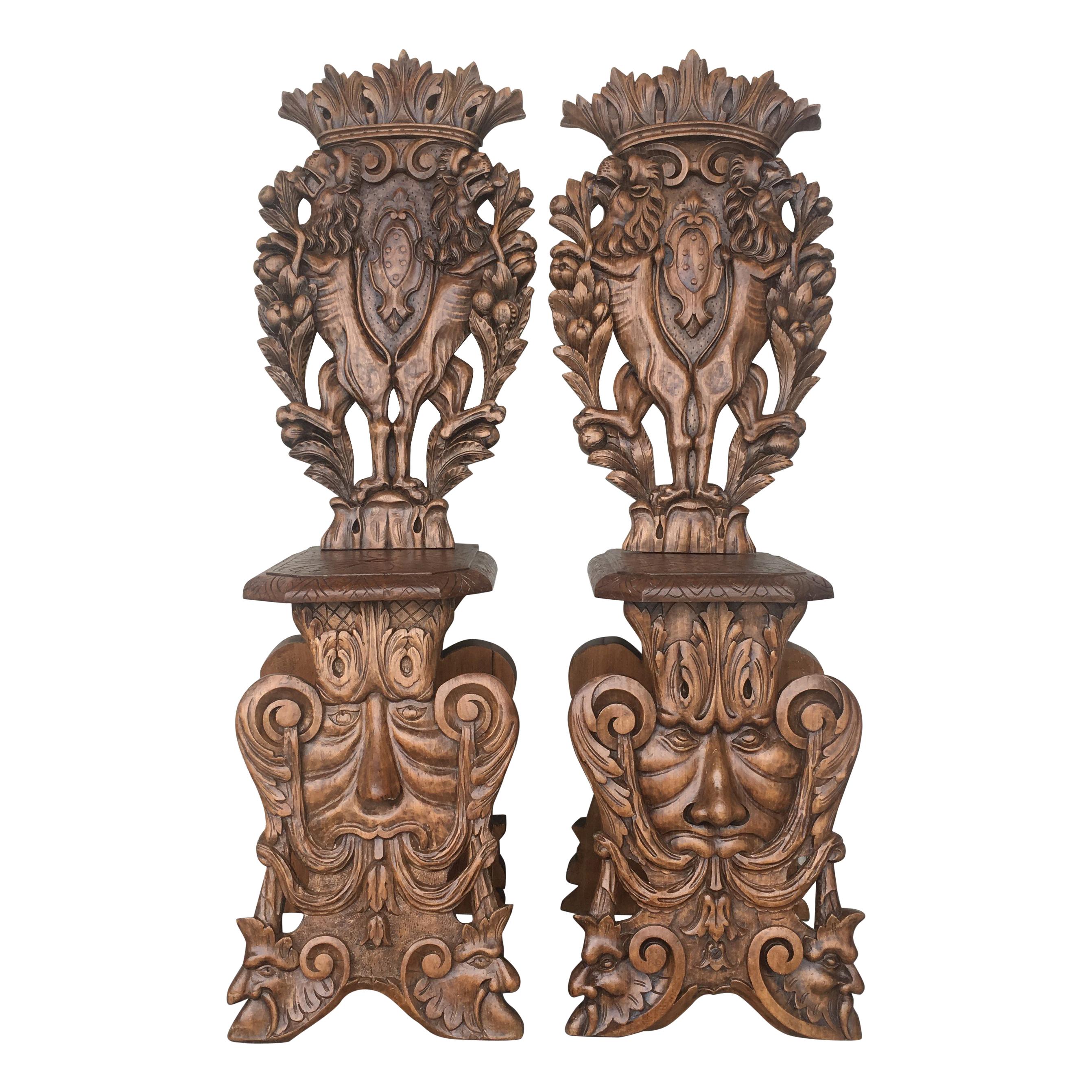 Pair of 18th Century Italian Renaissance Lion Carved Walnut Sgabello Hall Chairs For Sale