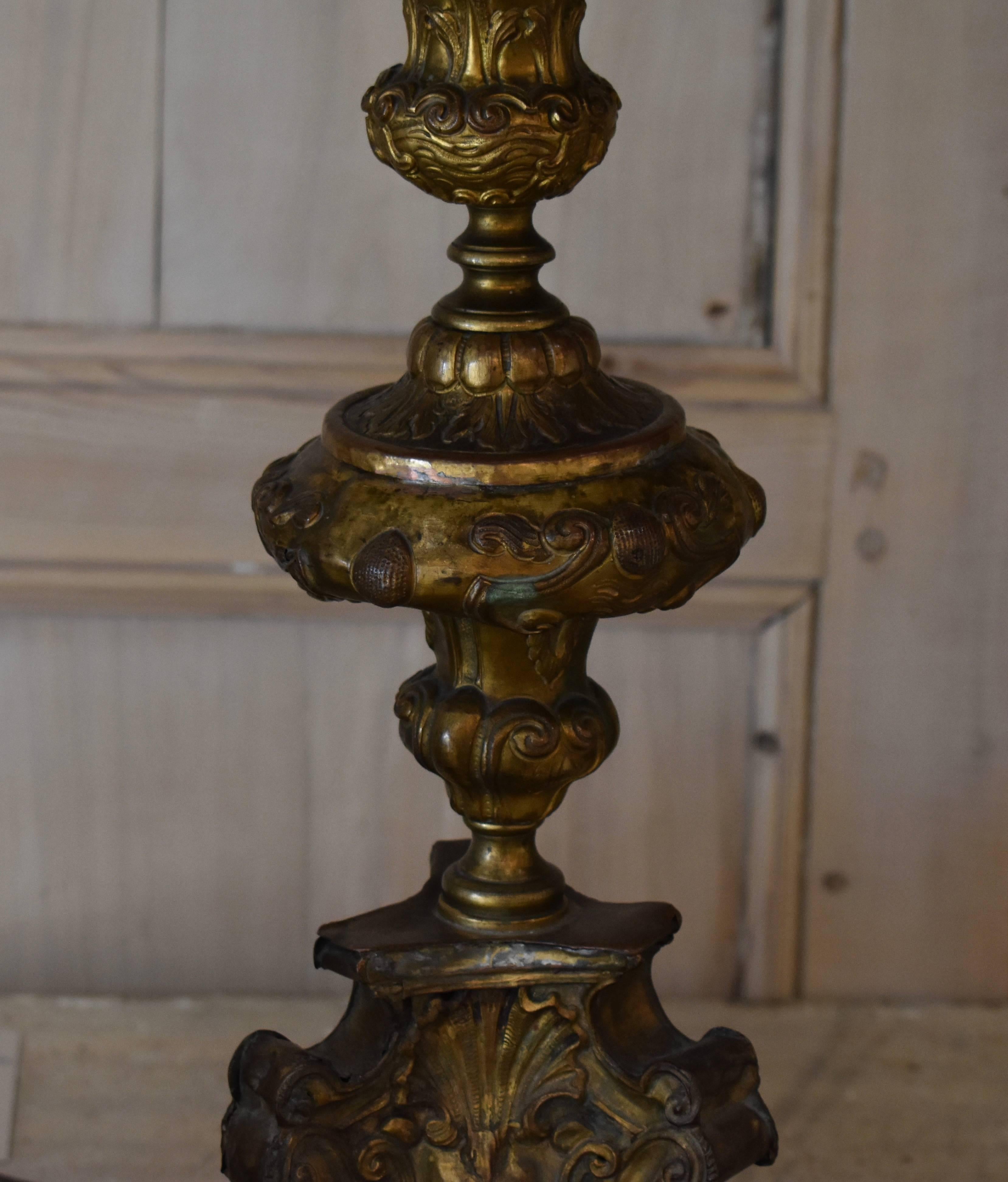 Pair of 18th Century Italian Repousse Wood Candlestick Lamps For Sale 7