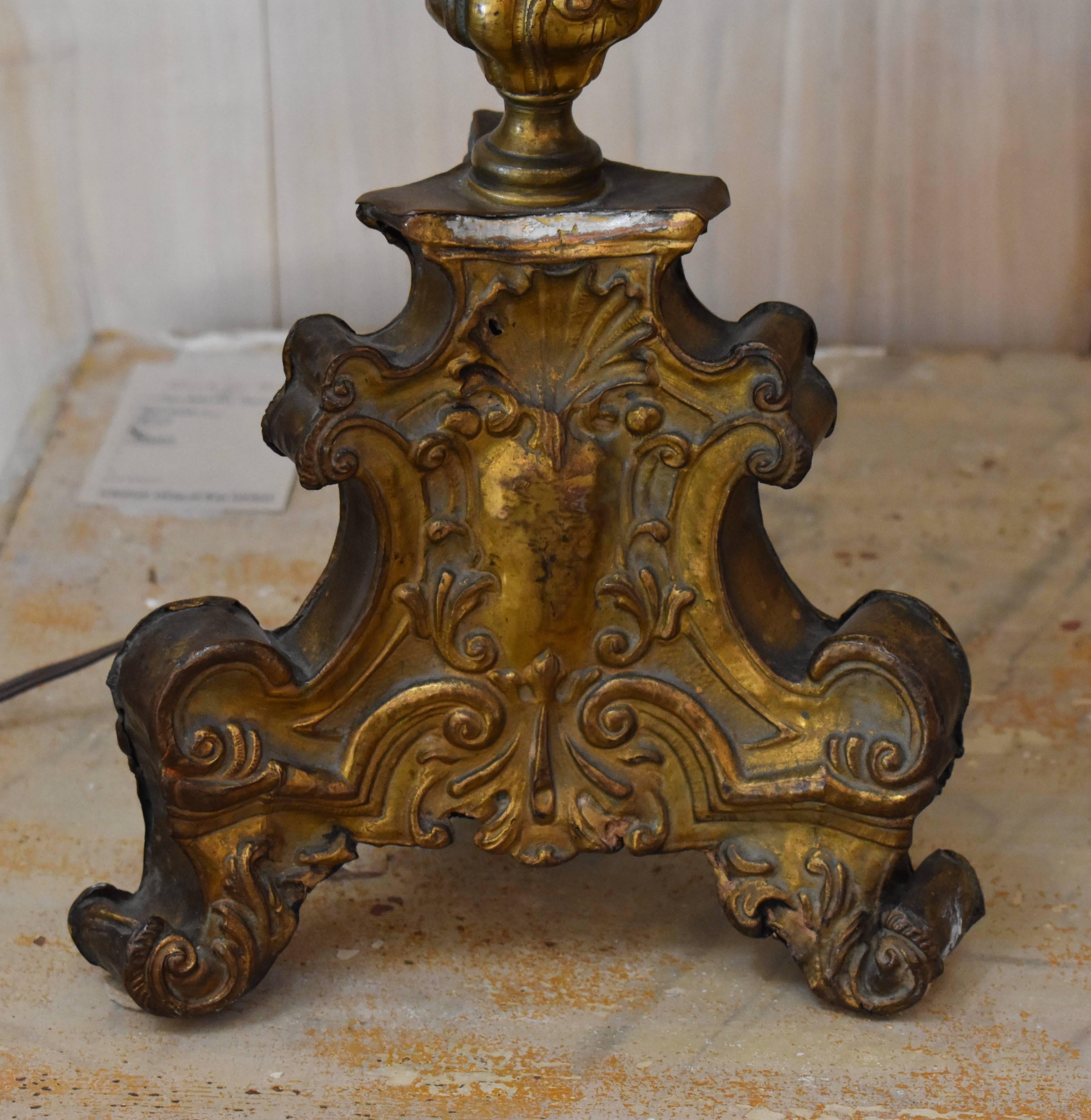 Pair of 18th Century Italian Repousse Wood Candlestick Lamps In Good Condition For Sale In Encinitas, CA