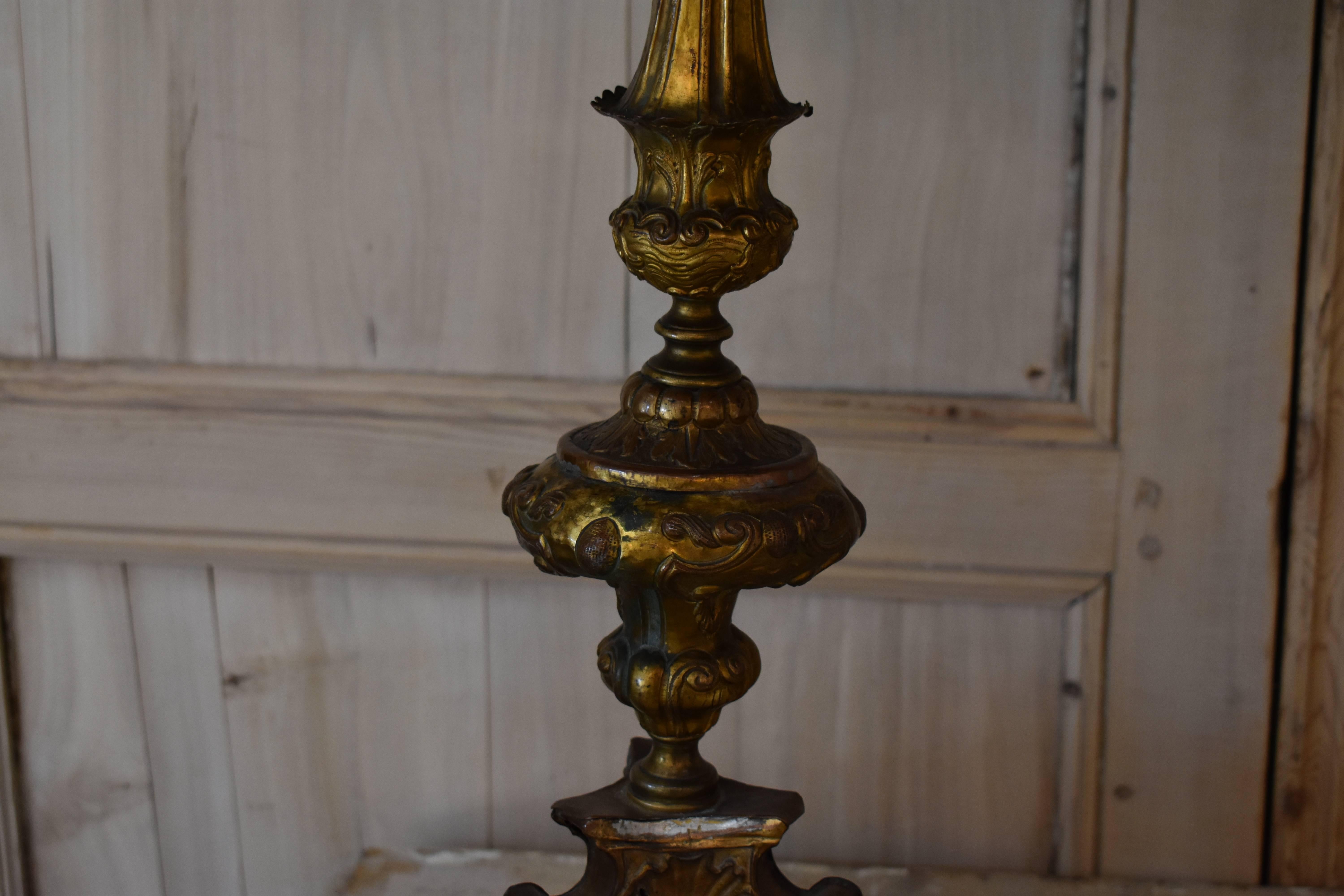 Pair of 18th Century Italian Repousse Wood Candlestick Lamps For Sale 1