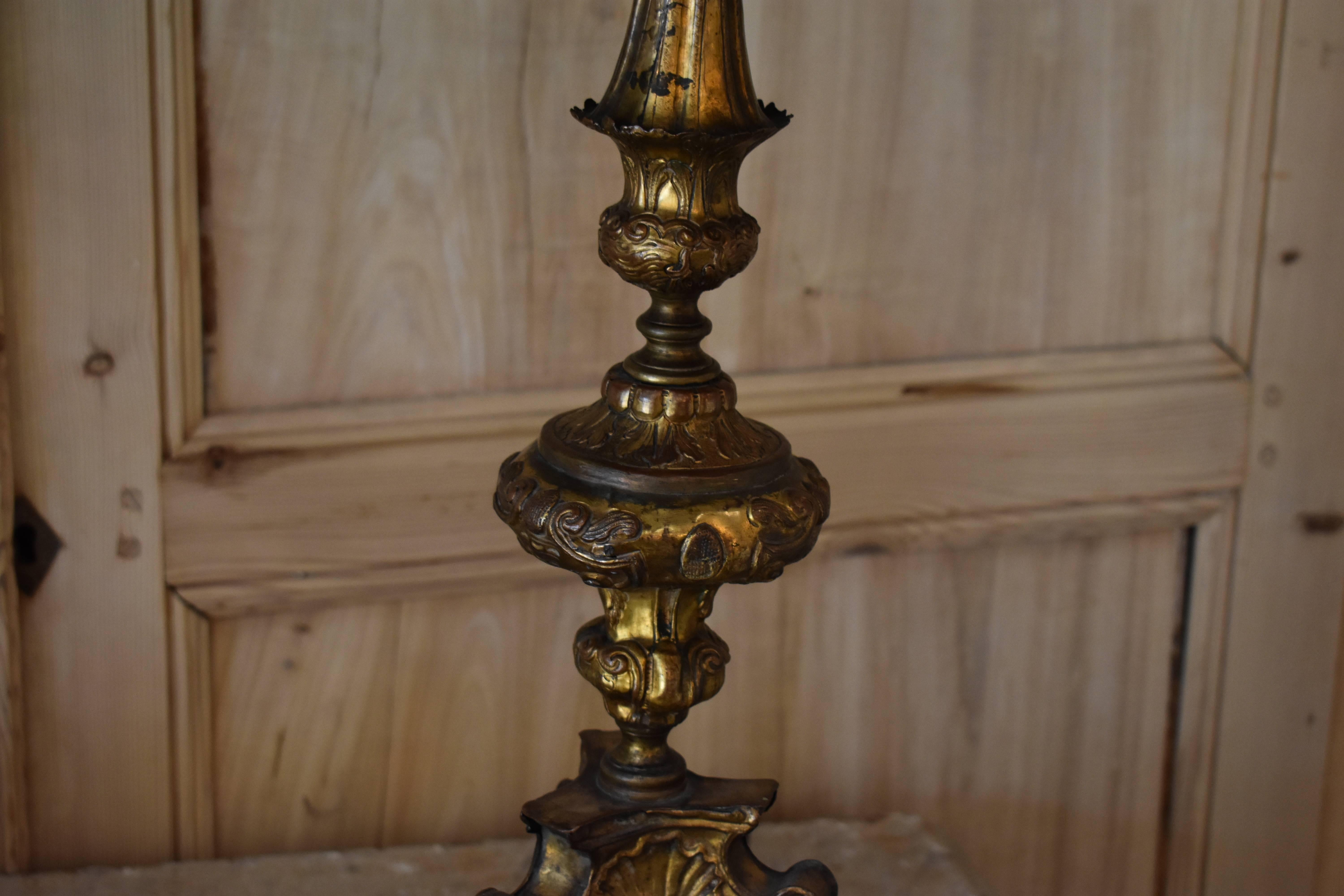 Pair of 18th Century Italian Repousse Wood Candlestick Lamps For Sale 2