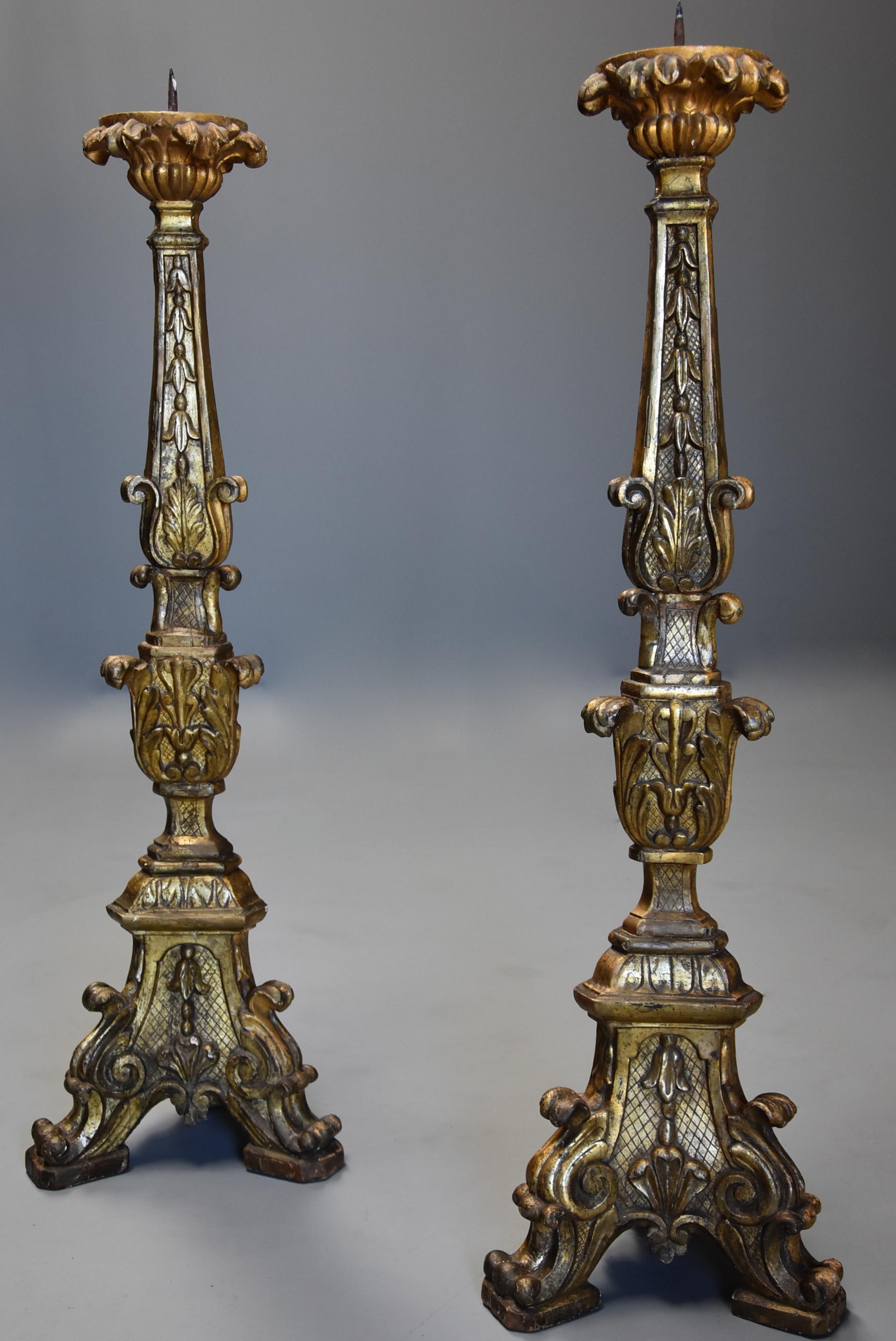 Pair of 18th Century Italian Rococo Carved Wood Gilt and Silver Gilt Prickets For Sale 2