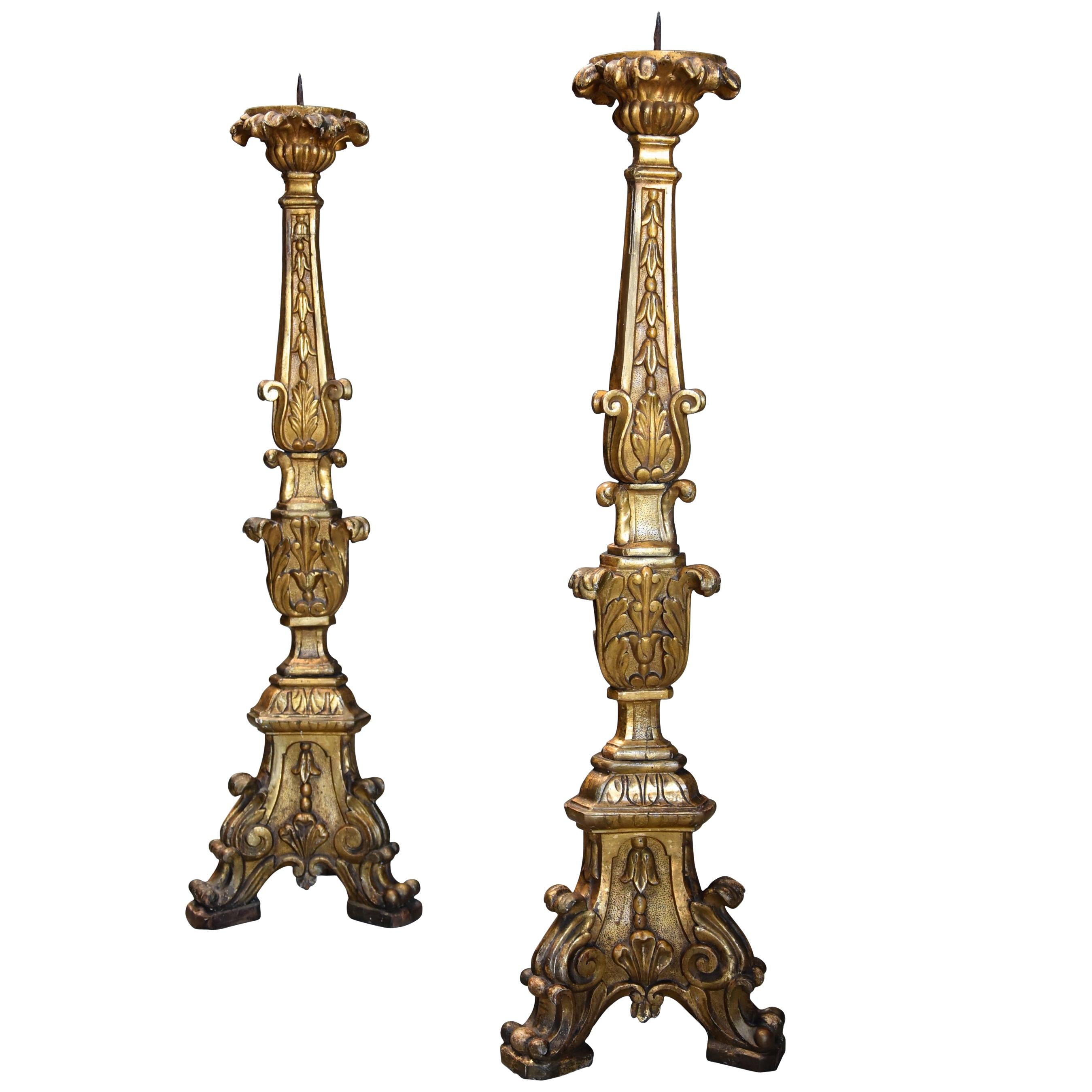 Pair of 18th Century Italian Rococo Carved Wood Gilt and Silver Gilt Prickets For Sale