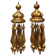 Used Pair of 18th Century Italian Rococo Gold Leaf Hand Carved 'Pompom' Tassels