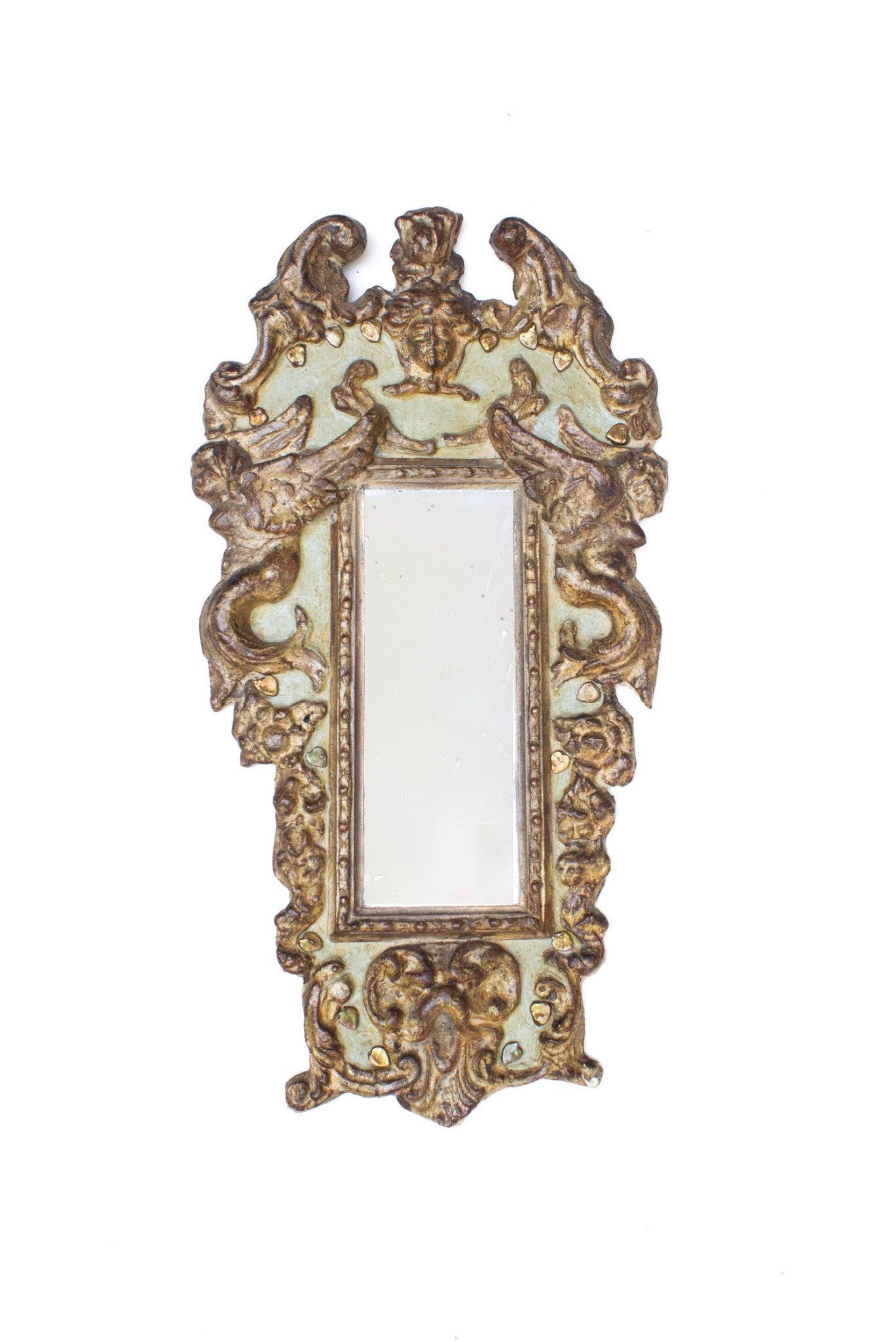 Hand-Painted Pair of 18th Century Italian Rococo Green and Gilded Cherub Mirrors For Sale