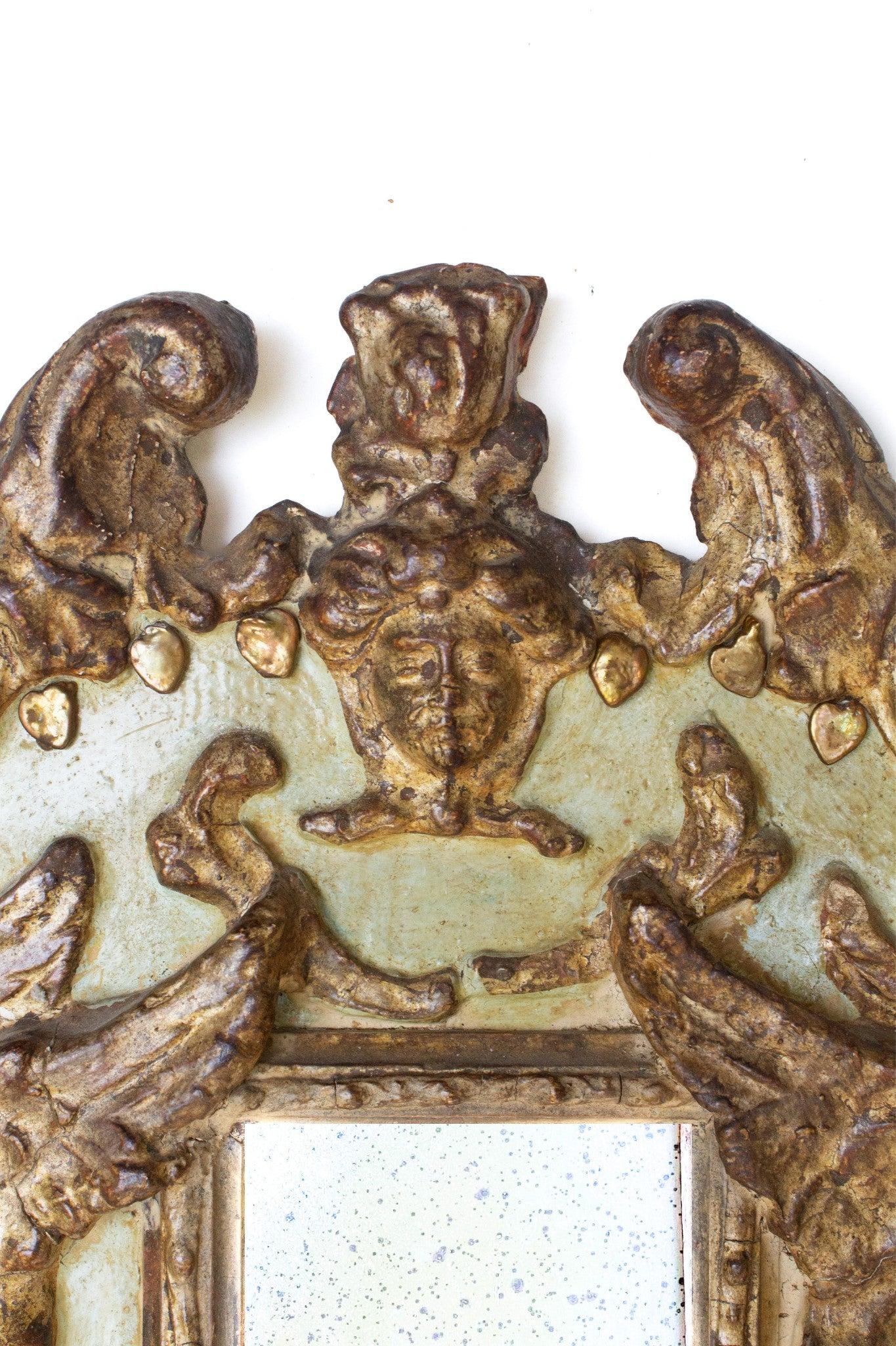 18th Century and Earlier Pair of 18th Century Italian Rococo Green and Gilded Cherub Mirrors For Sale