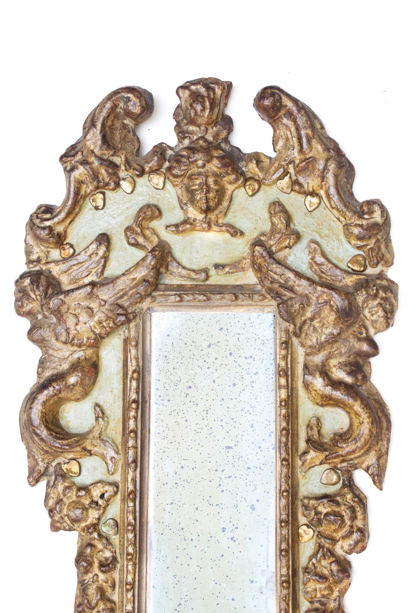 Pair of 18th Century Italian Rococo Green and Gilded Cherub Mirrors For Sale 1