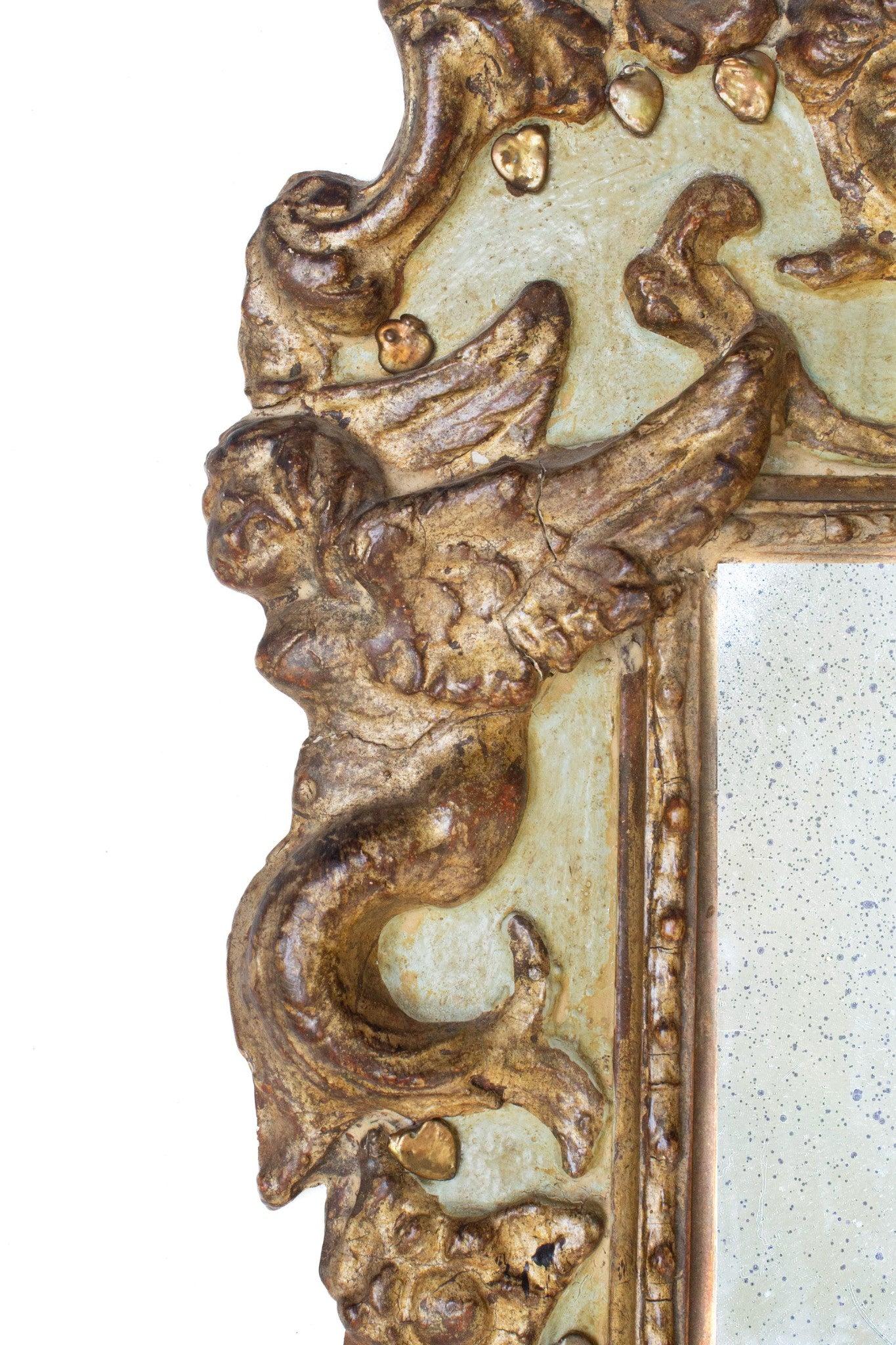 Pair of 18th Century Italian Rococo Green and Gilded Cherub Mirrors For Sale 2