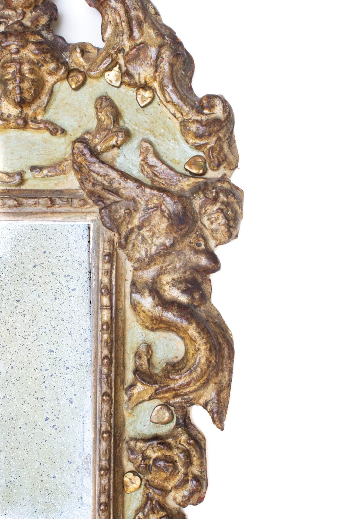 Pair of 18th Century Italian Rococo Green and Gilded Cherub Mirrors For Sale 3