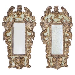 Pair of 18th Century Italian Rococo Green and Gilded Cherub Mirrors
