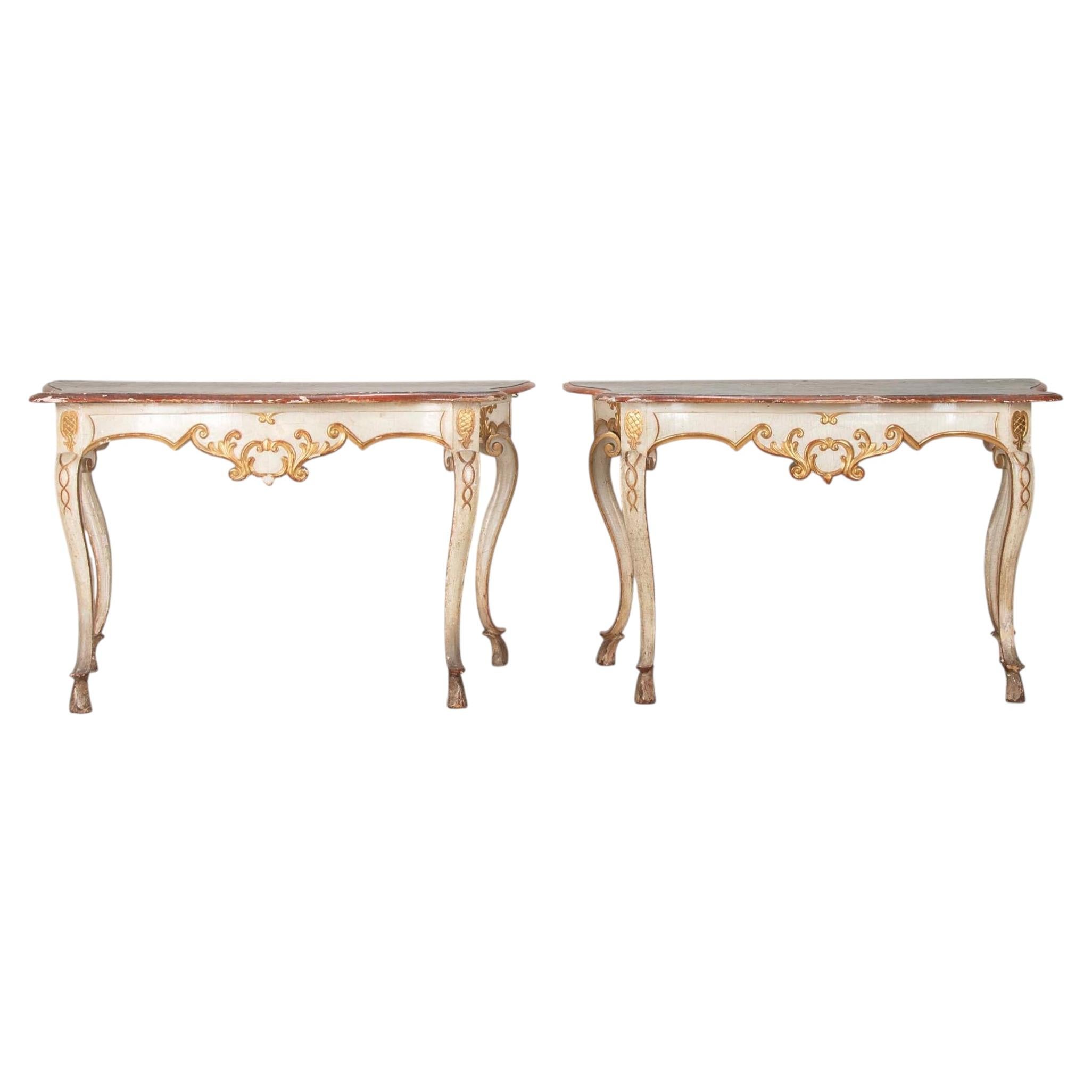 Pair of 18th Century Italian Rococo Painted Consoles with Original Polychrome De For Sale