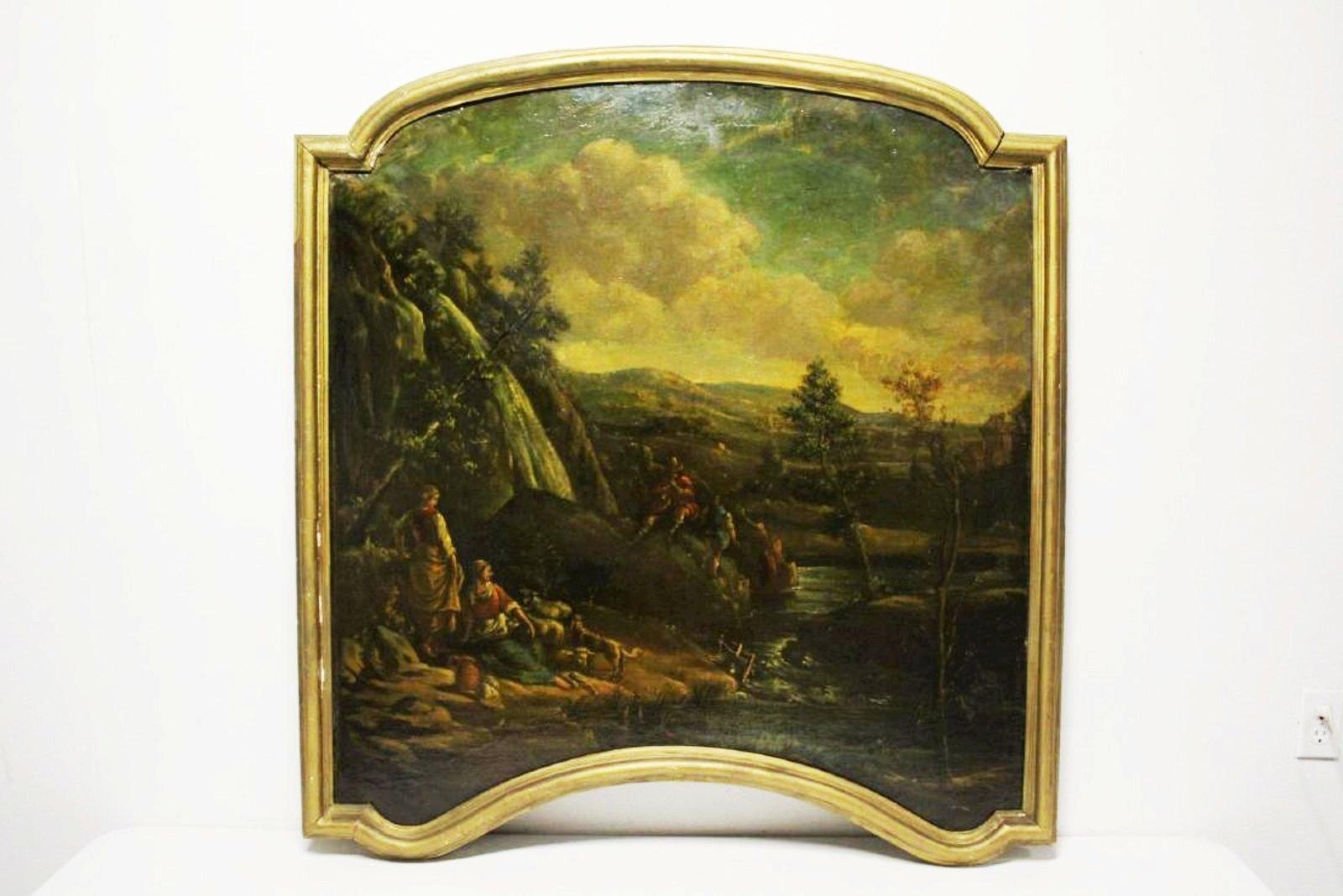 Magnificent opposing pair of 18th century Italian school oil on canvas paintings mounted on boards. 

Both paintings depict a beautiful landscape with flowing streams, waterfalls and mountains. The clouds are robust leaving the sky partially