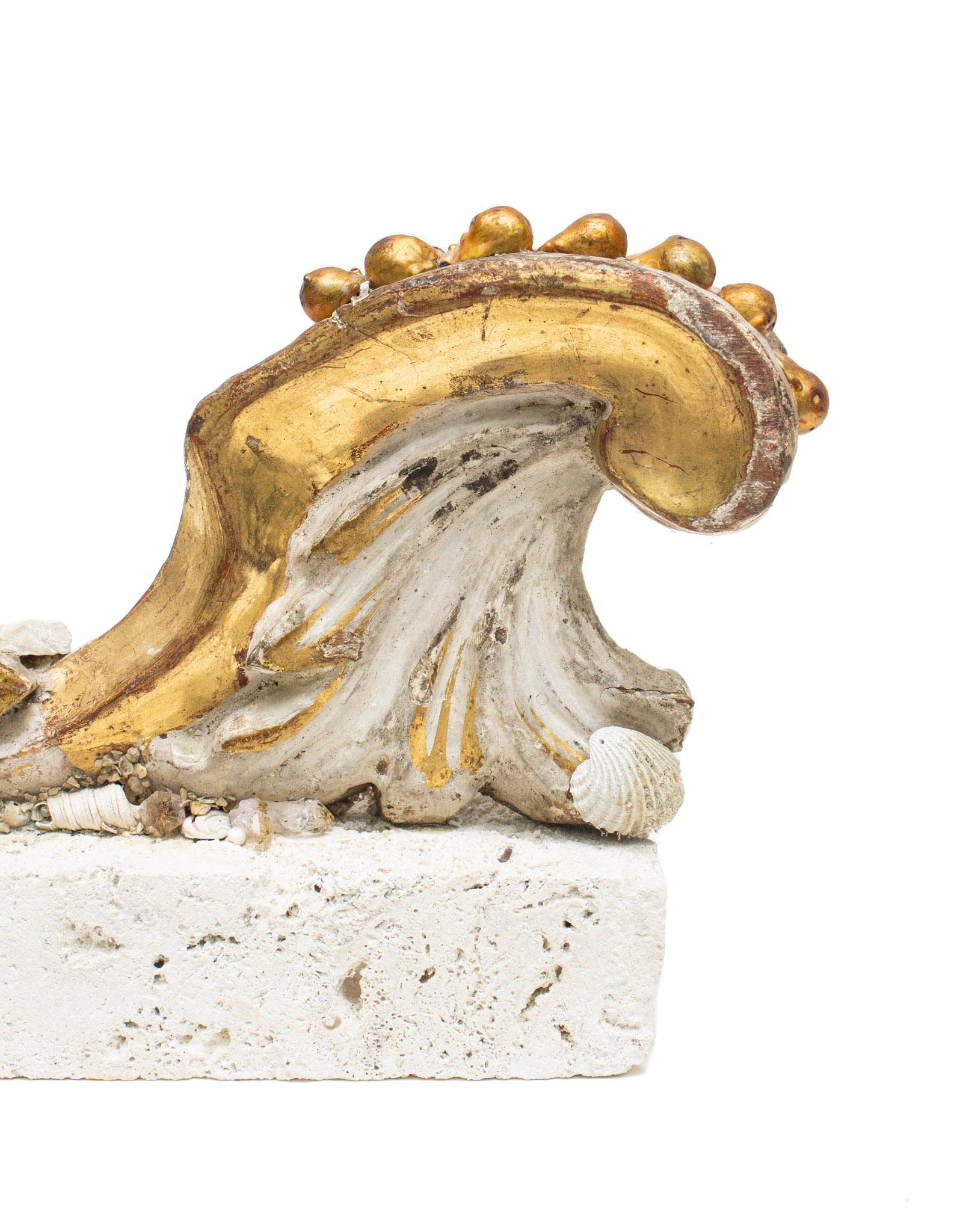 Hand-Carved Pair of 18th Century Italian Scroll Fragments with Agate Coral and Shells For Sale