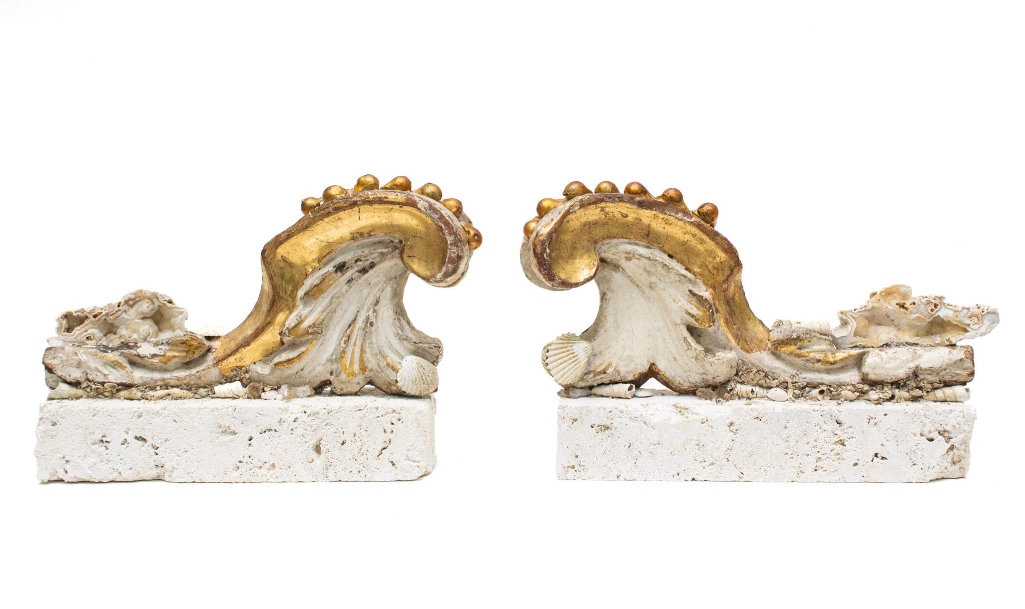 Gold Leaf Pair of 18th Century Italian Scroll Fragments with Agate Coral and Shells For Sale