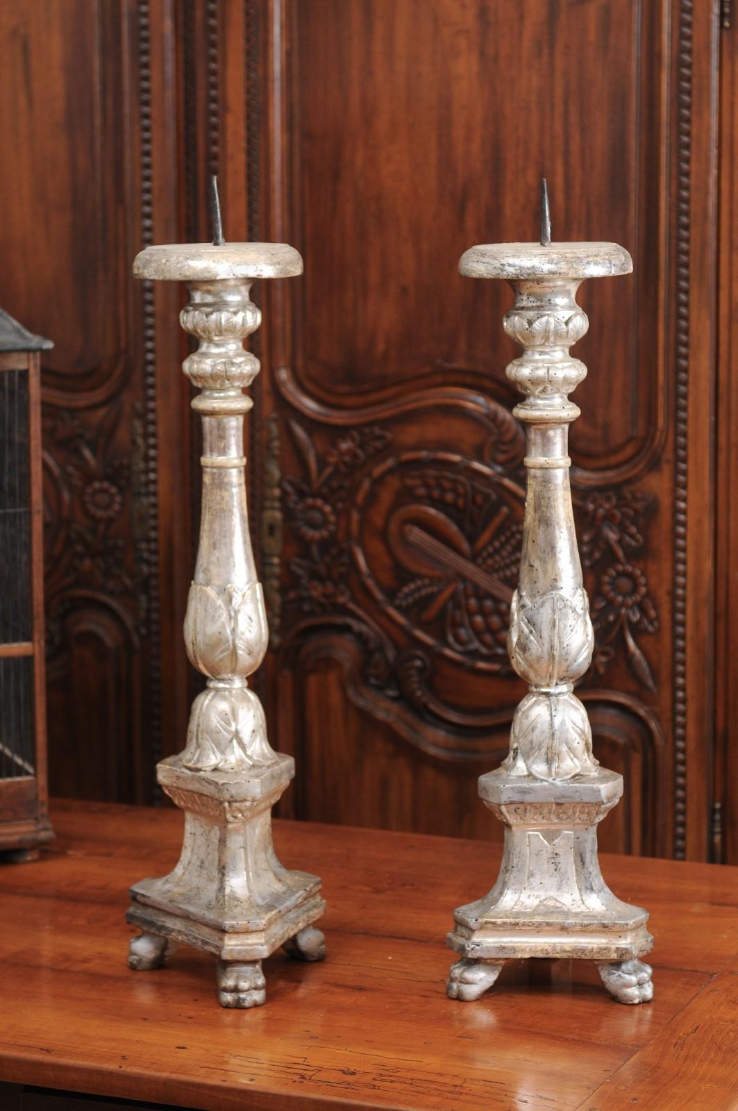 Pair of 18th Century Italian Silver Gilt Candlesticks with Carved Waterleaves 5