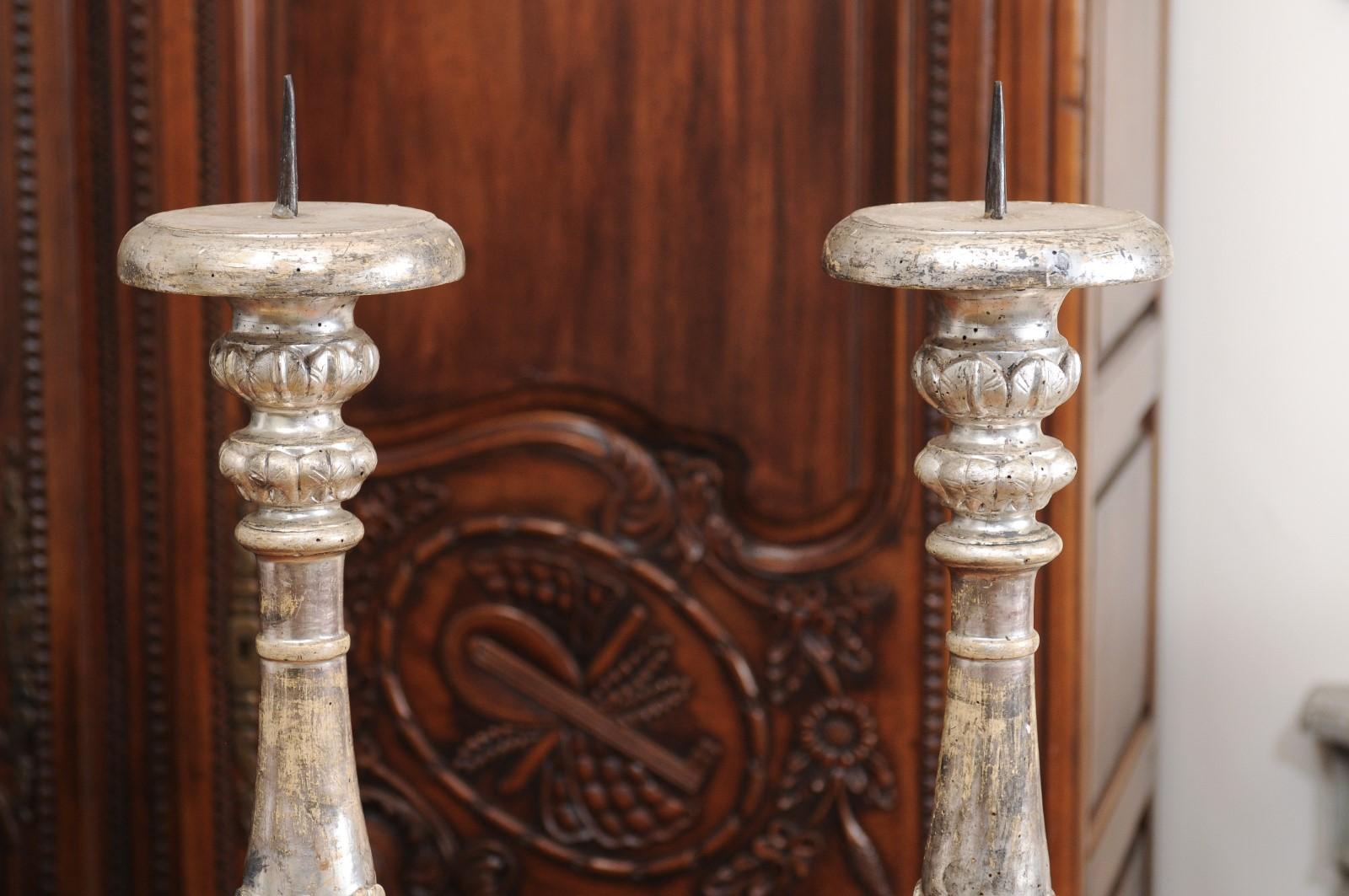 18th Century and Earlier Pair of 18th Century Italian Silver Gilt Candlesticks with Carved Waterleaves