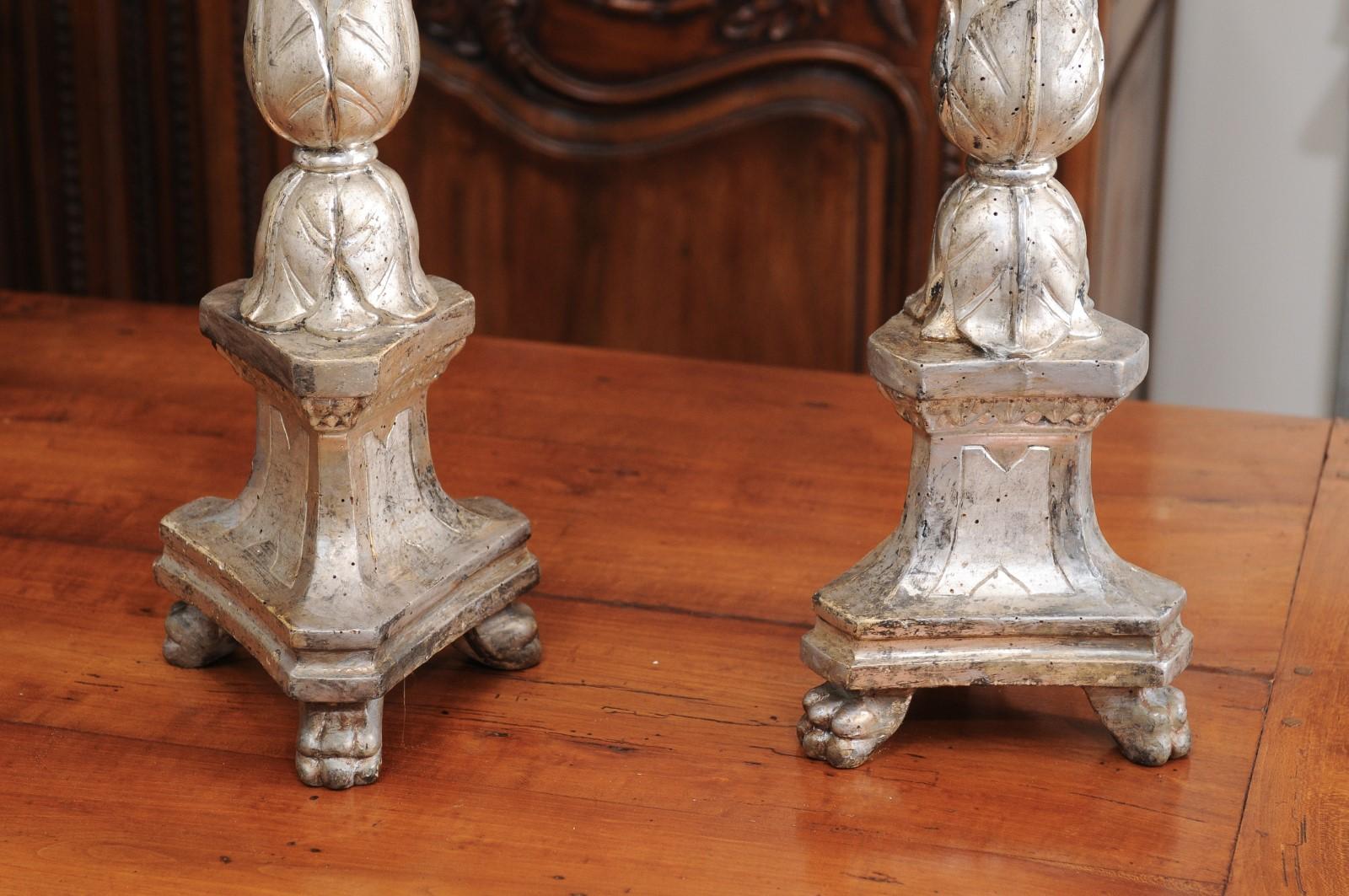 Pair of 18th Century Italian Silver Gilt Candlesticks with Carved Waterleaves 1