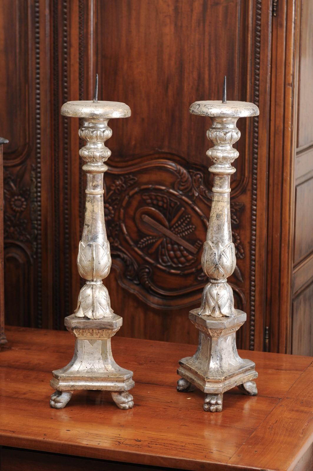 Pair of 18th Century Italian Silver Gilt Candlesticks with Carved Waterleaves 2