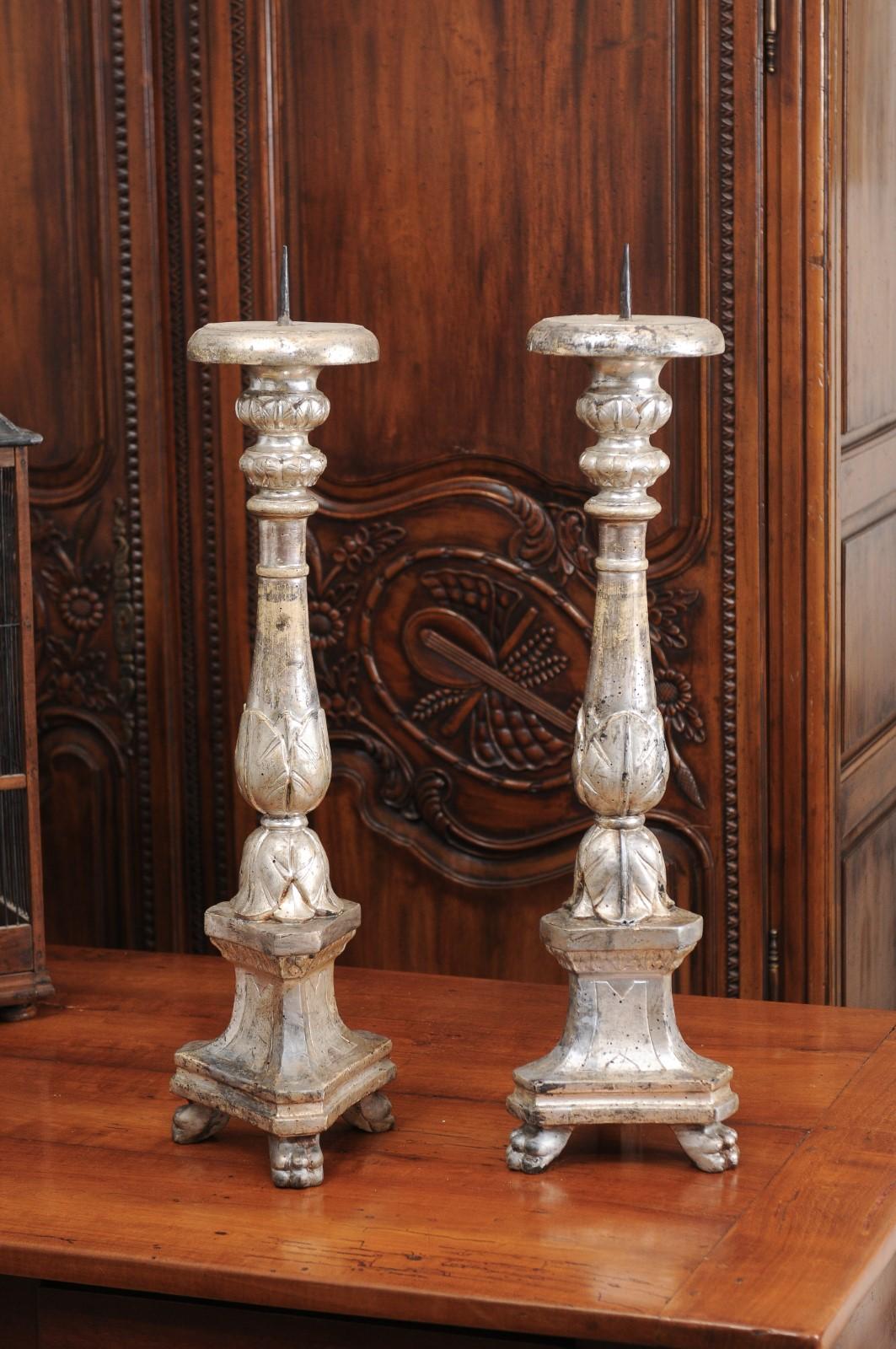 Pair of 18th Century Italian Silver Gilt Candlesticks with Carved Waterleaves 3