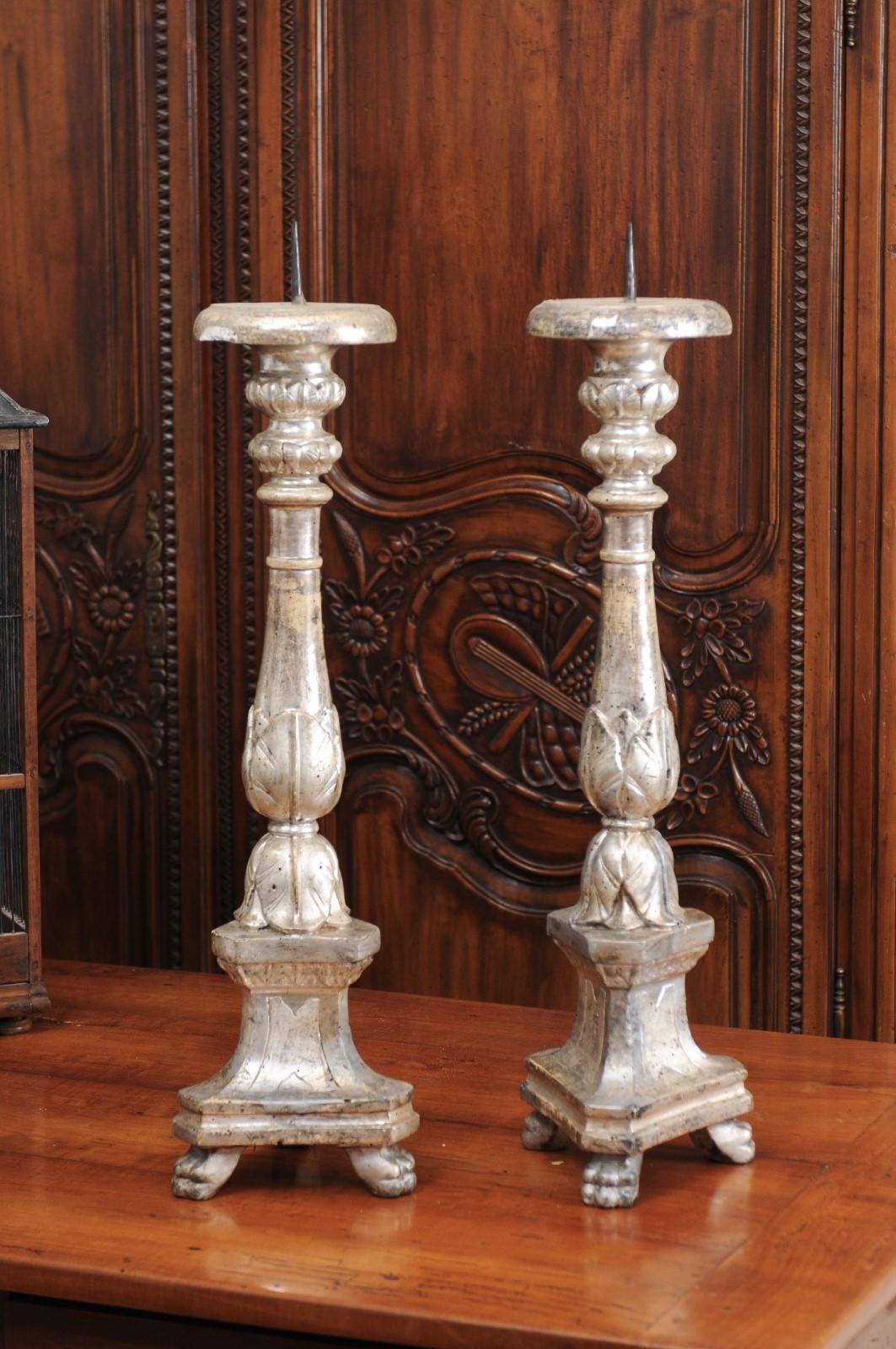 Pair of 18th Century Italian Silver Gilt Candlesticks with Carved Waterleaves 4