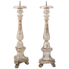 Pair of 18th Century Italian Silver Gilt Candlesticks with Carved Waterleaves