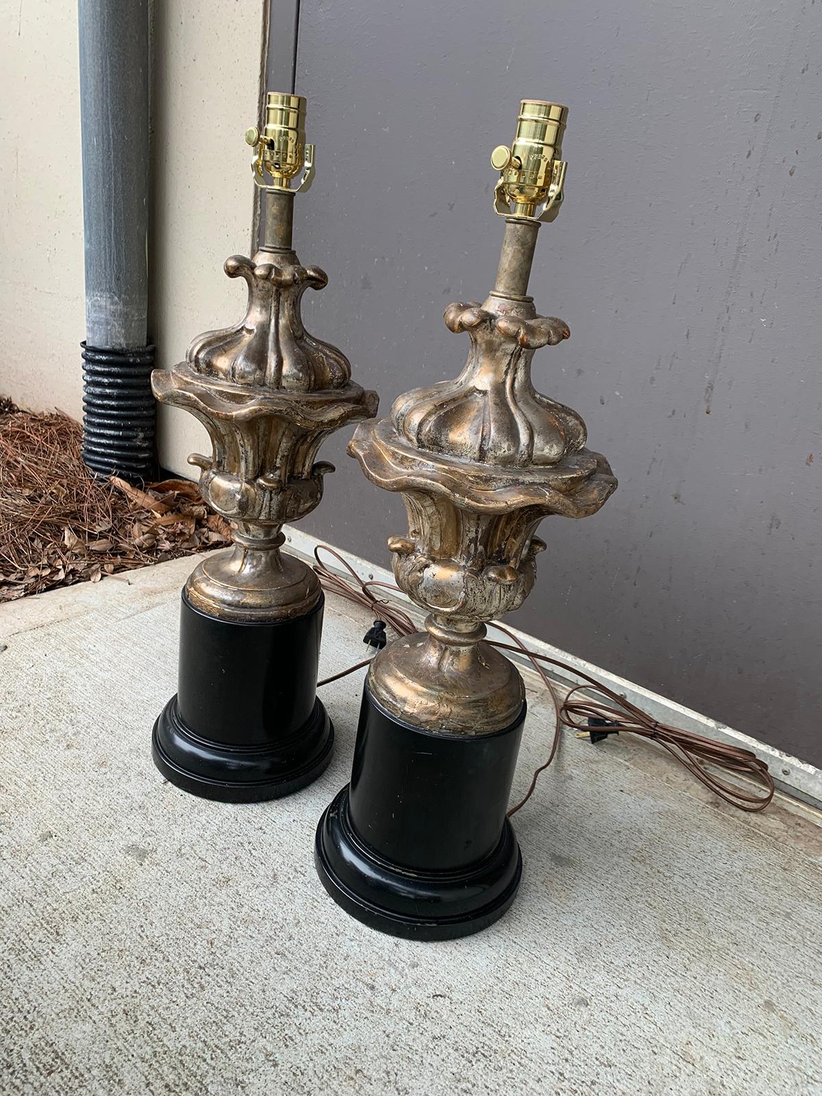 Pair of 18th Century Italian Silver Gilt Urns as Lamps on Old Black Bases In Good Condition In Atlanta, GA