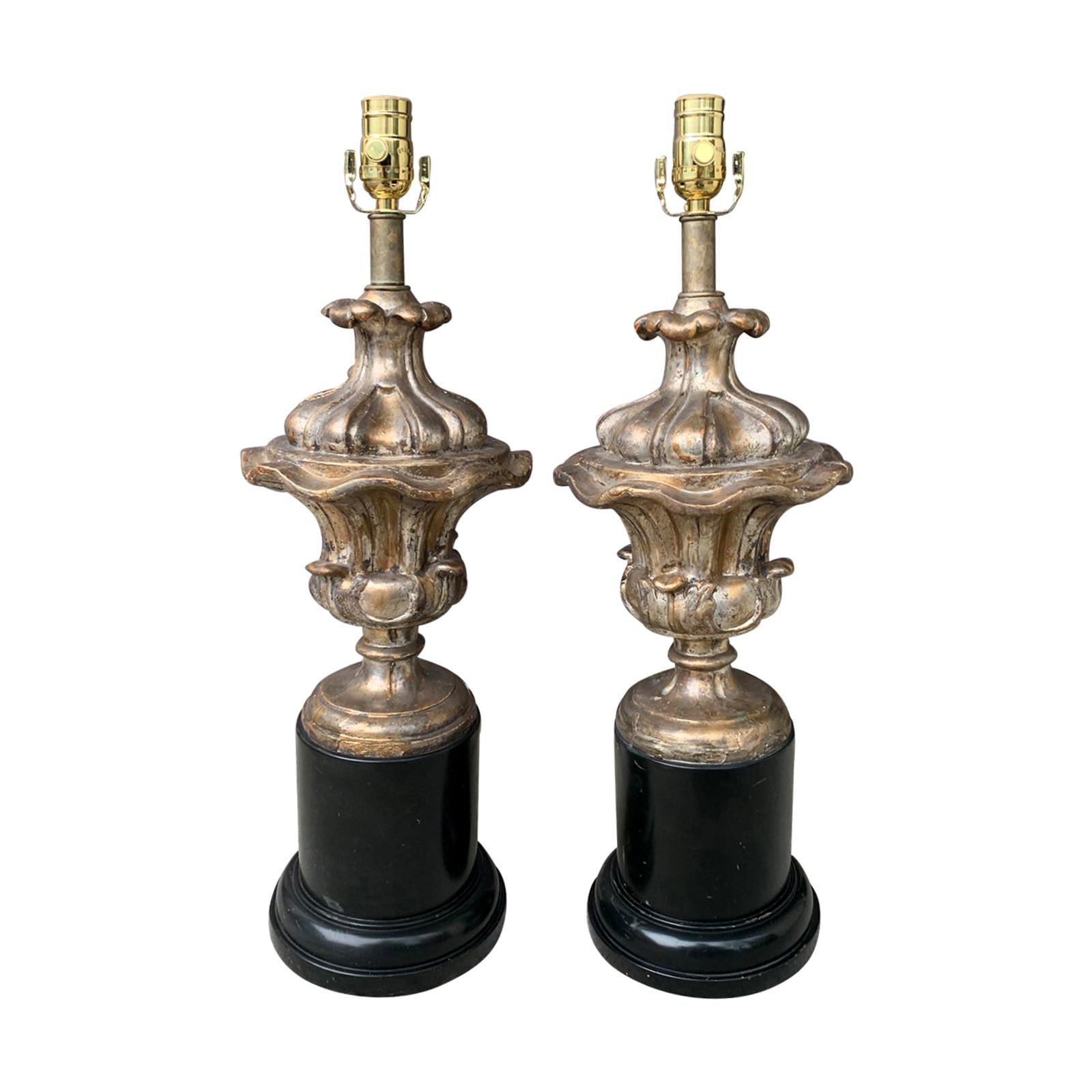Pair of 18th Century Italian Silver Gilt Urns as Lamps on Old Black Bases