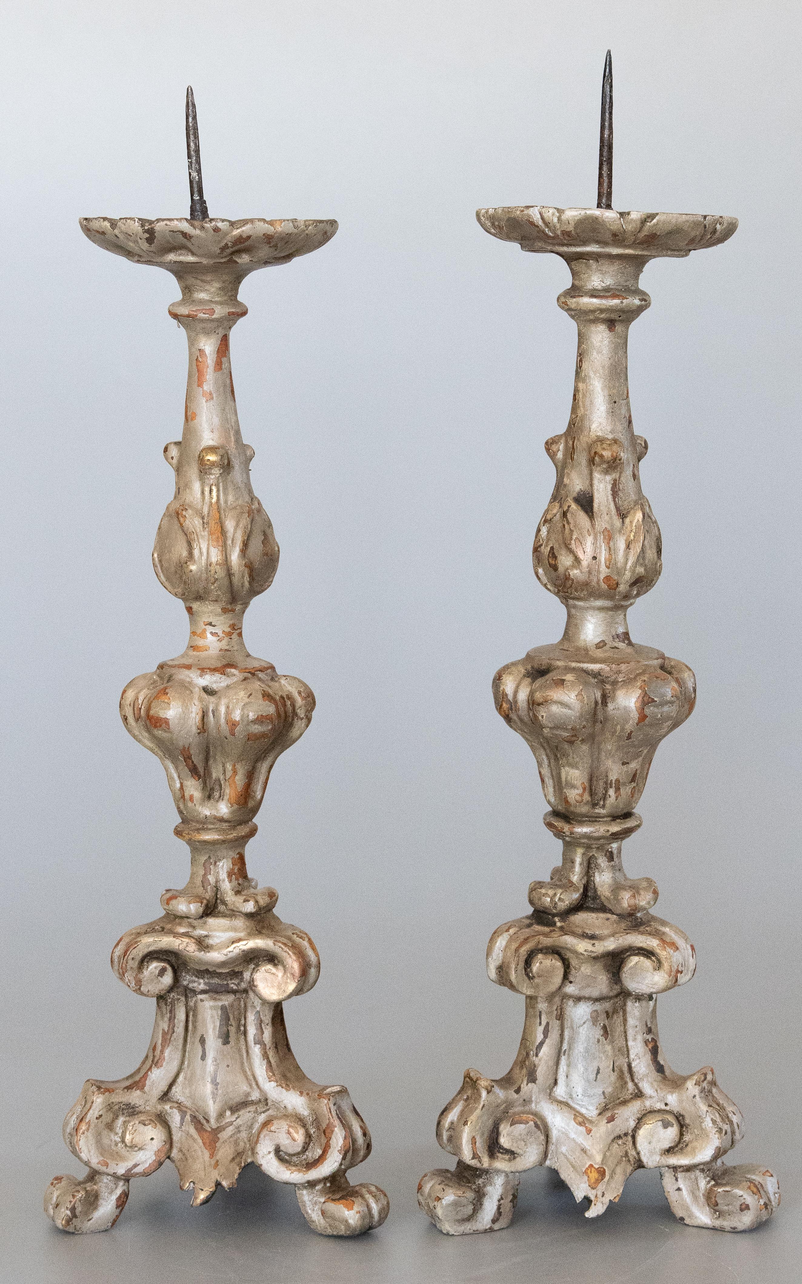Neoclassical Pair of 18th Century Italian Silver Gilt Wood Pricket Candlesticks For Sale