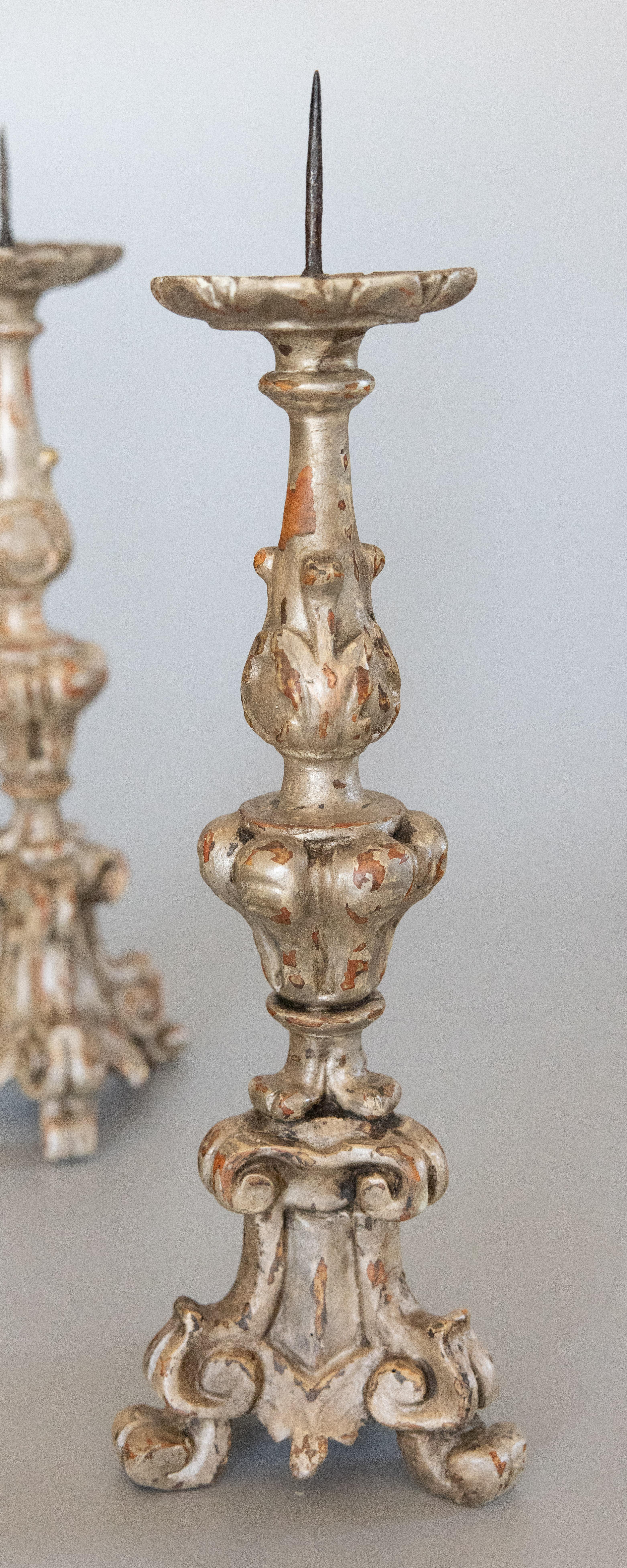 Pair of 18th Century Italian Silver Gilt Wood Pricket Candlesticks In Good Condition For Sale In Pearland, TX