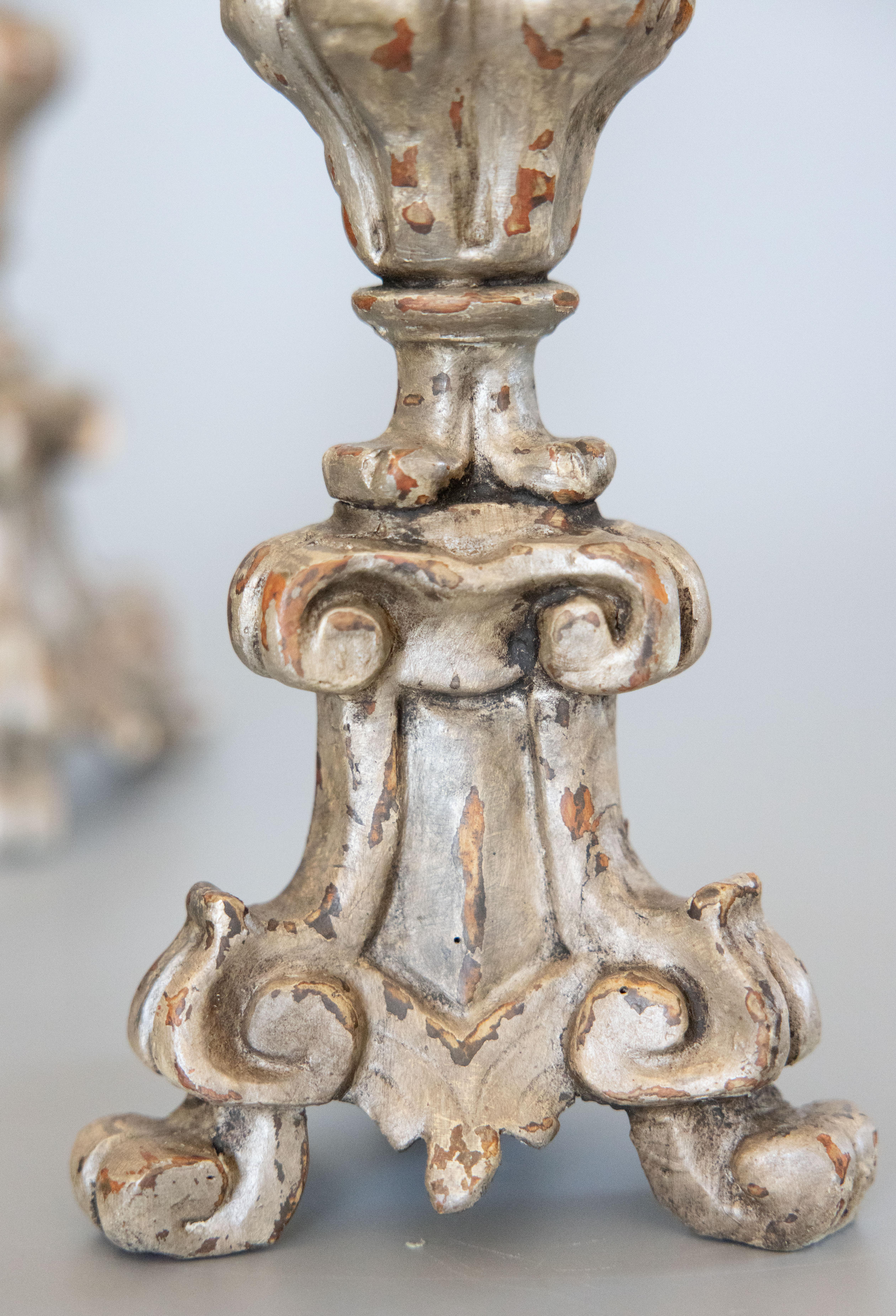 Pair of 18th Century Italian Silver Gilt Wood Pricket Candlesticks For Sale 2