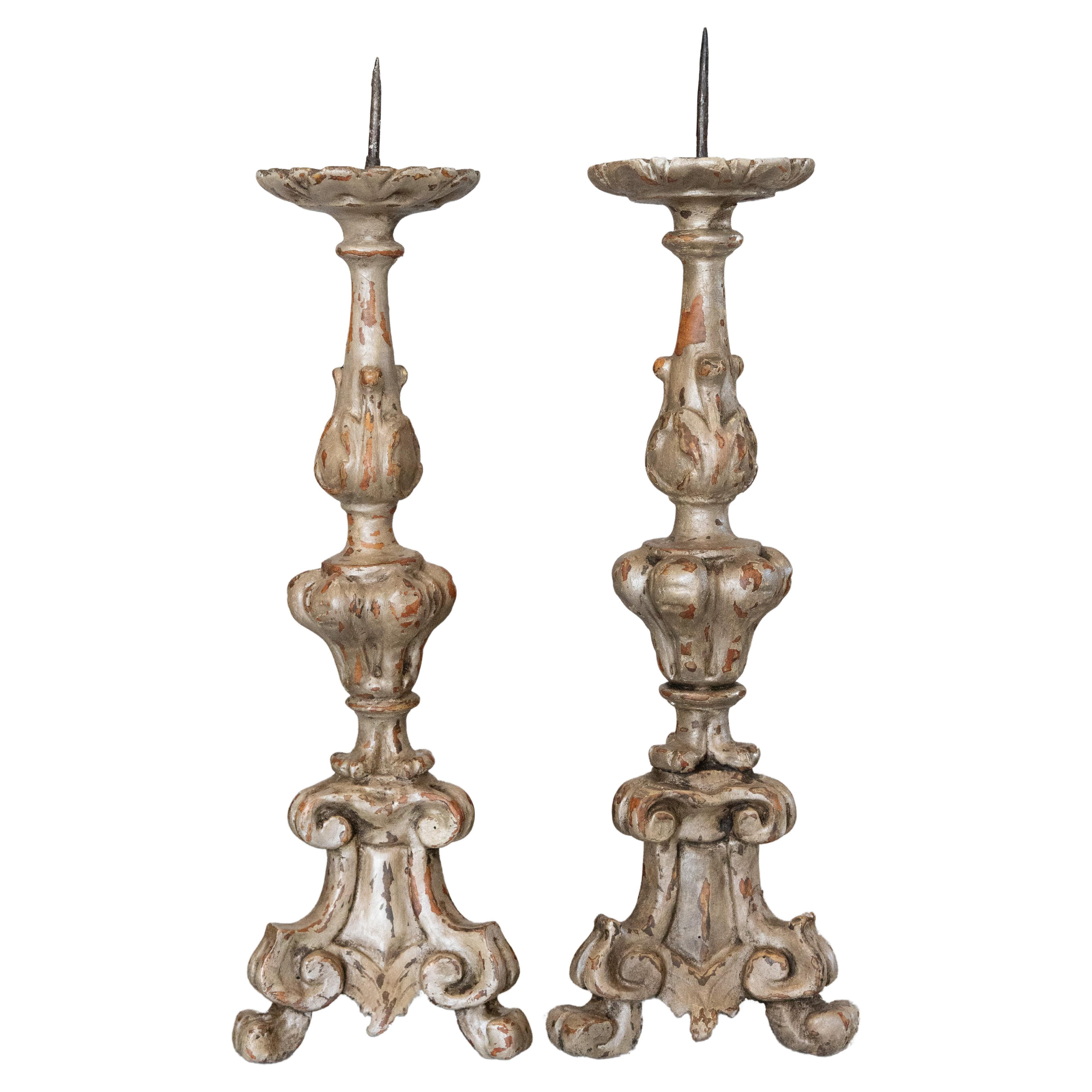 Pair of 18th Century Italian Silver Gilt Wood Pricket Candlesticks For Sale
