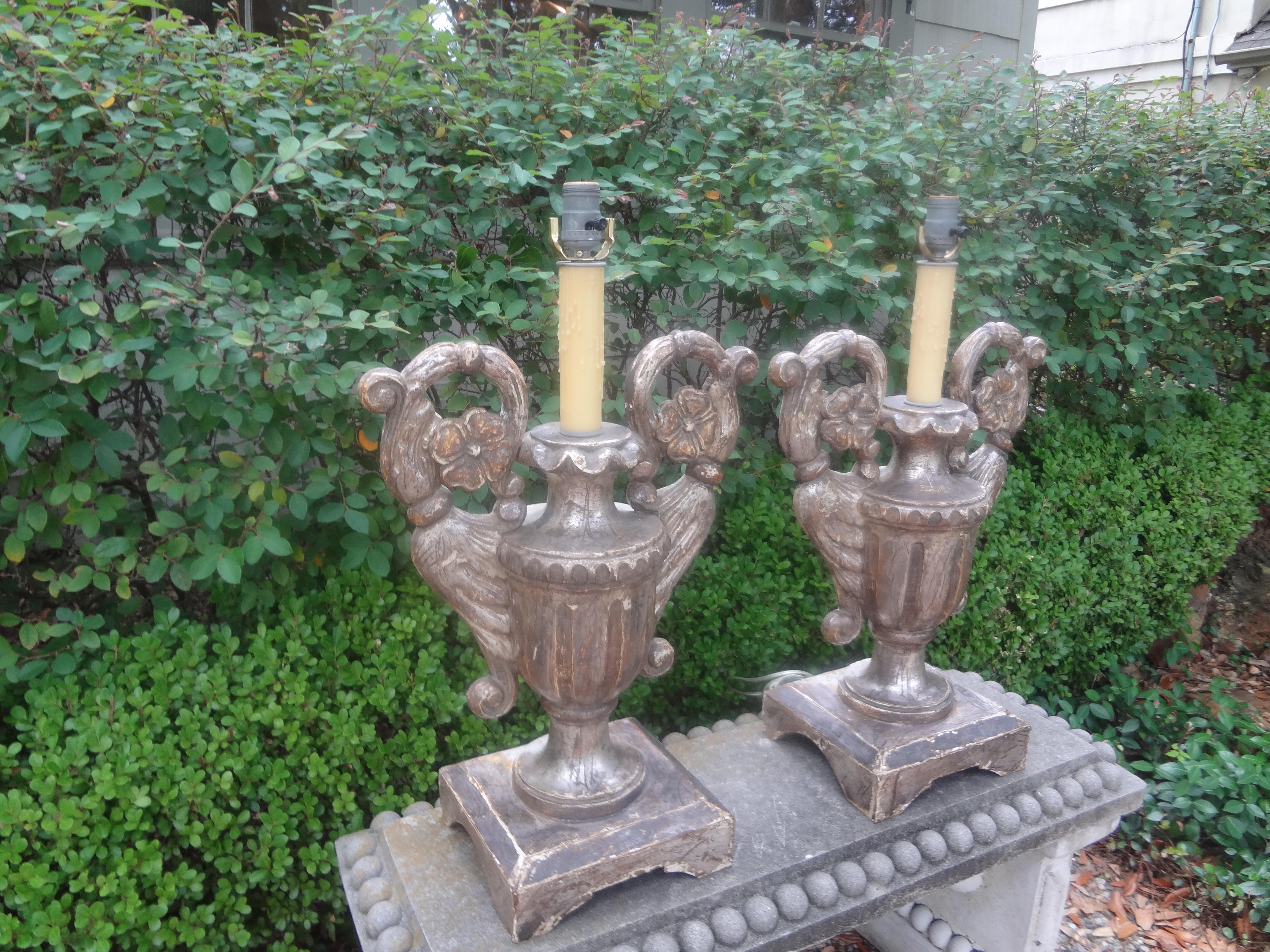 Pair Of 18th Century Italian Silver Giltwood Lamps For Sale 4