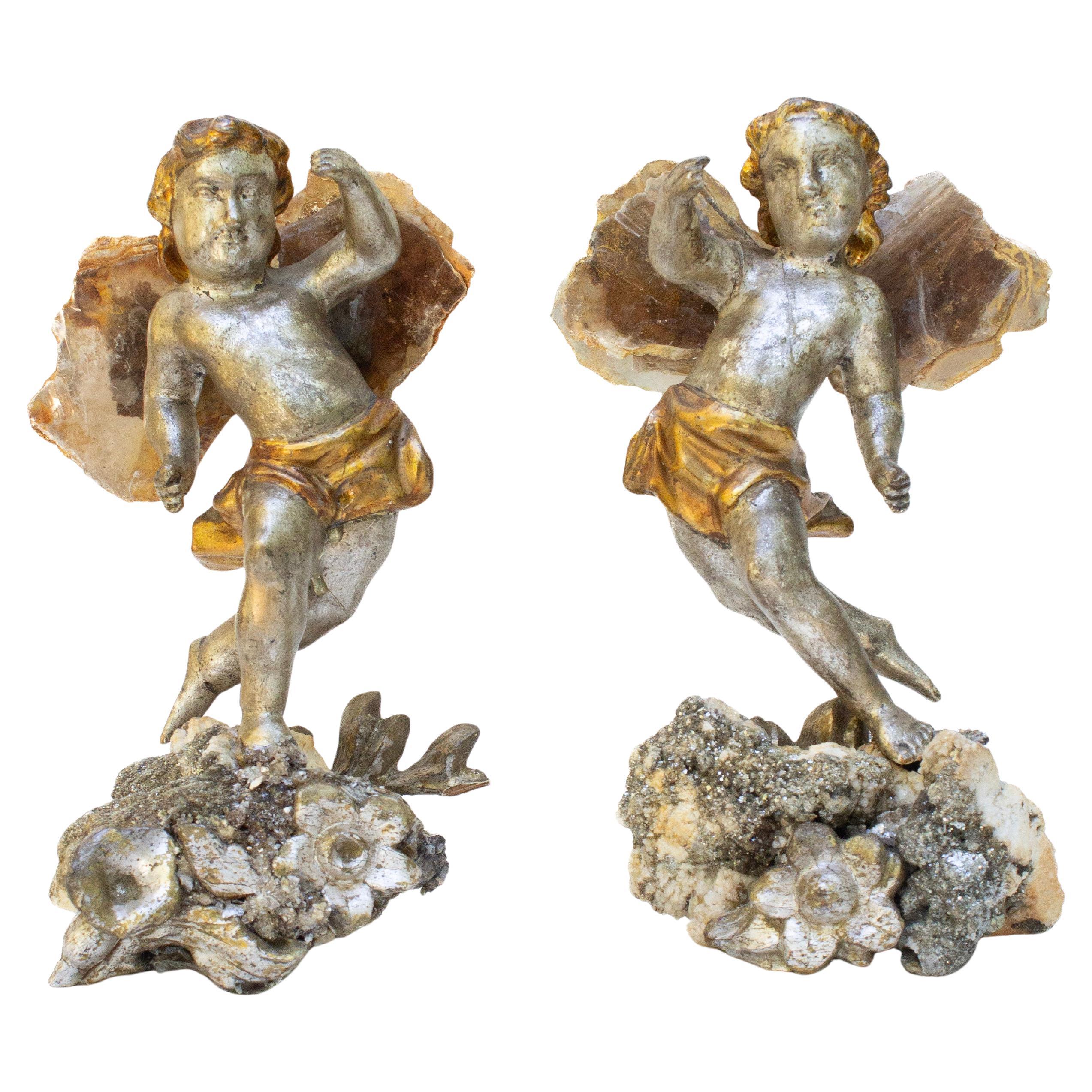 Pair of 18th Century Italian Silver Leaf Angels with Mica Wings and Mica Bases