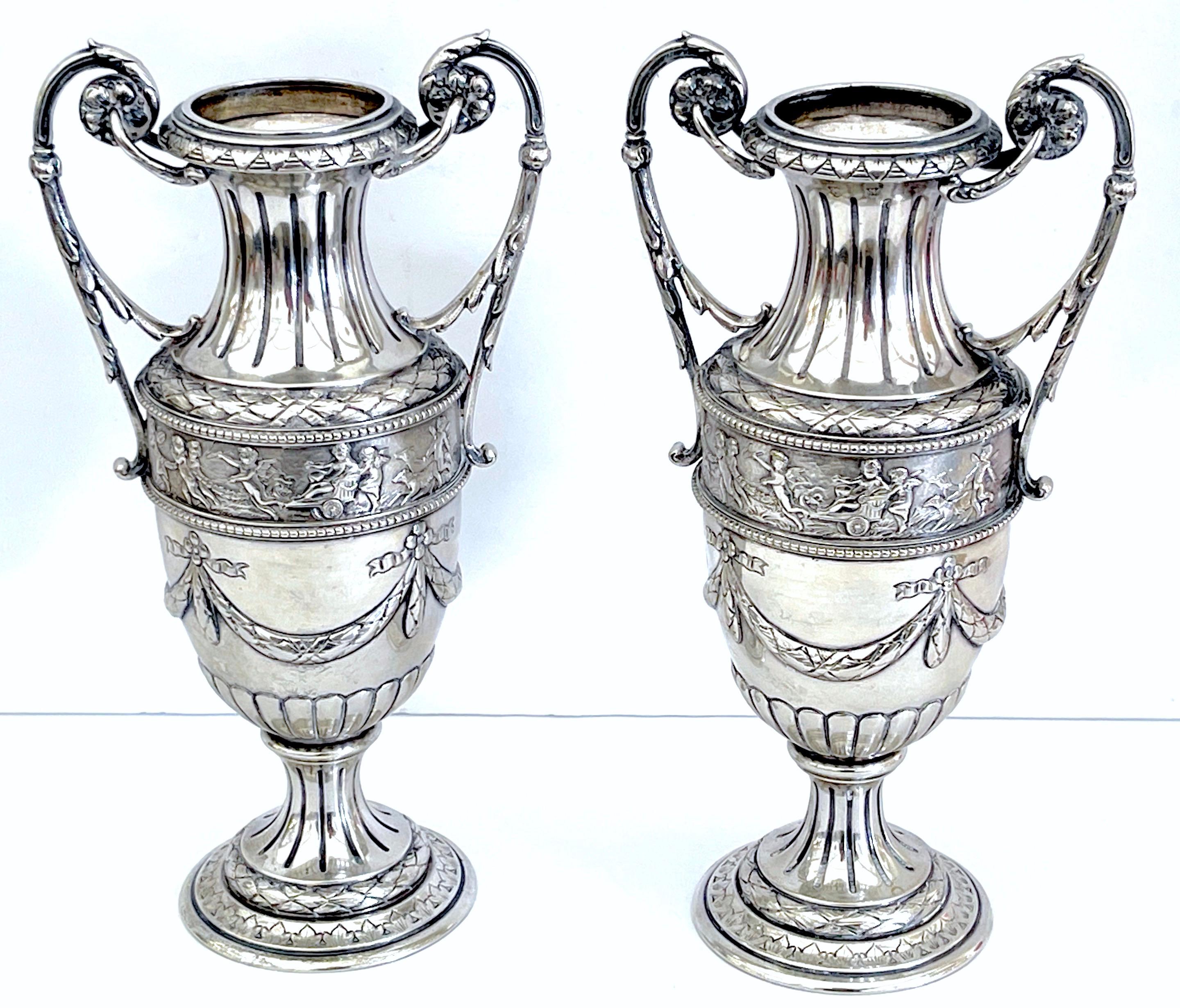 Engraved Pair of 18th Century Italian Silver Neoclassical Vases, In the Louis XVI Style  For Sale