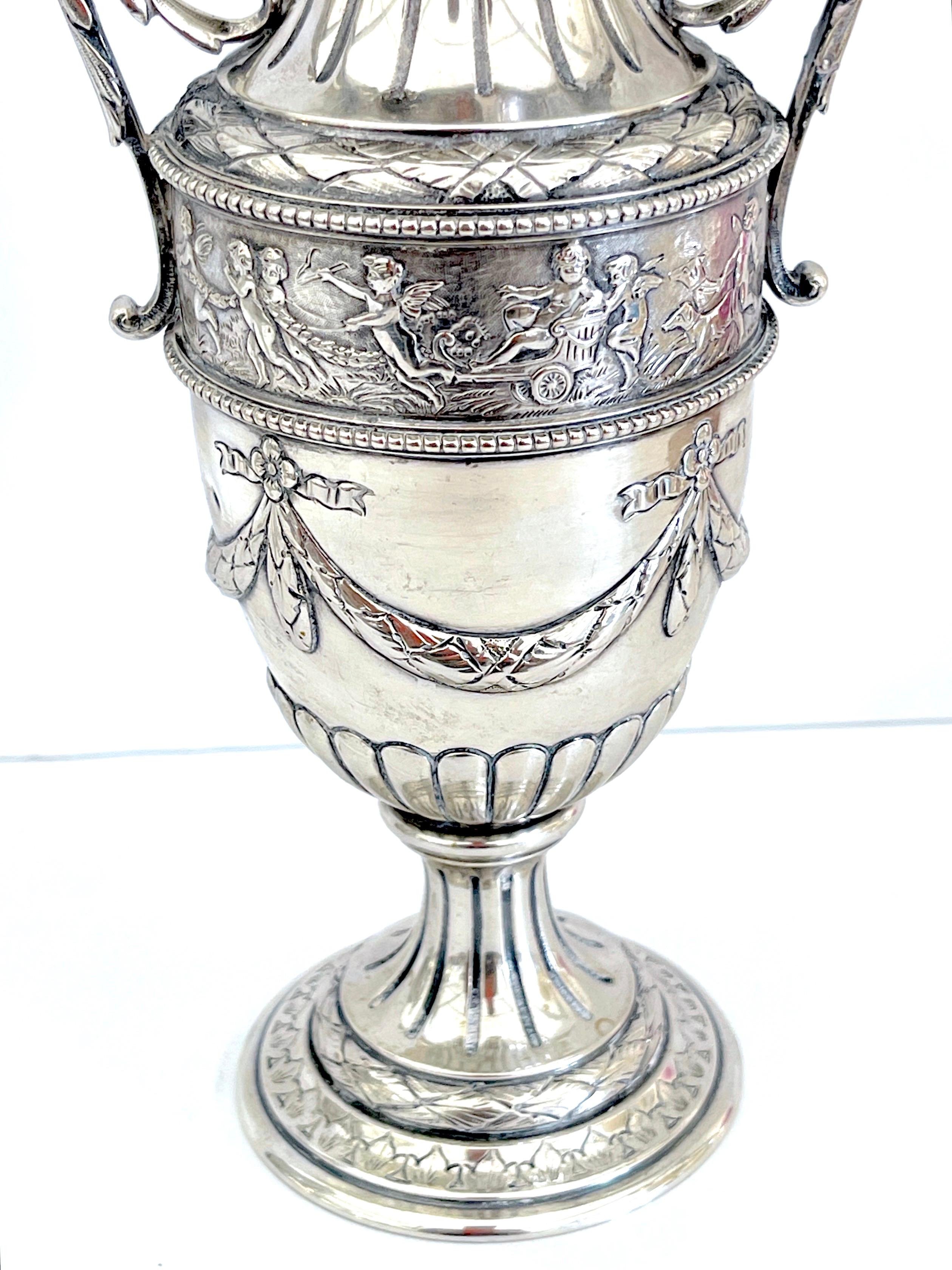 Sterling Silver Pair of 18th Century Italian Silver Neoclassical Vases, In the Louis XVI Style  For Sale