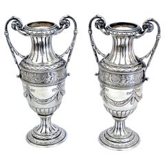 Used Pair of 18th Century Italian Silver Neoclassical Vases, In the Louis XVI Style 