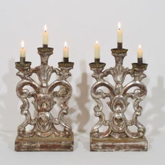 Pair of 18th Century Italian Silvered Wooden Baroque Candleholders