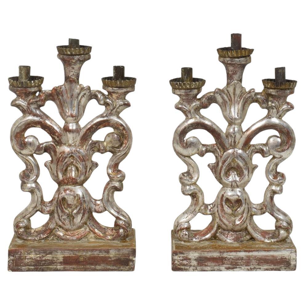 Pair of 18th Century Italian Silvered Wooden Baroque Candleholders