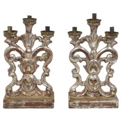 Pair of 18th Century Italian Silvered Wooden Baroque Candleholders
