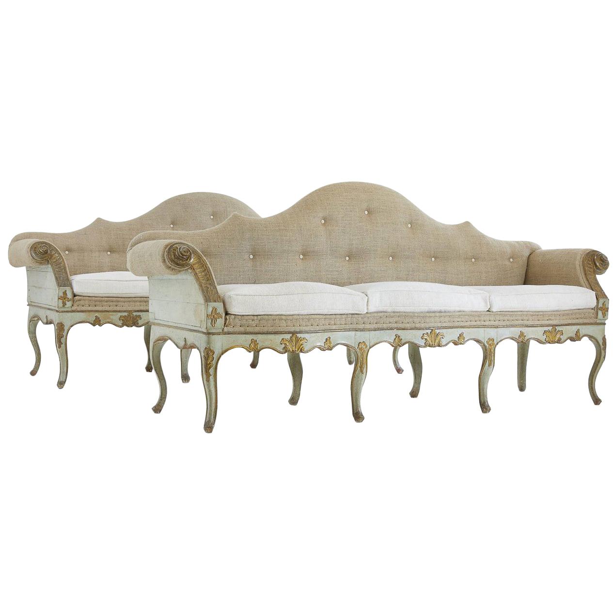 Pair of 18th Century Italian Sofas in Original Paint and Giltwood