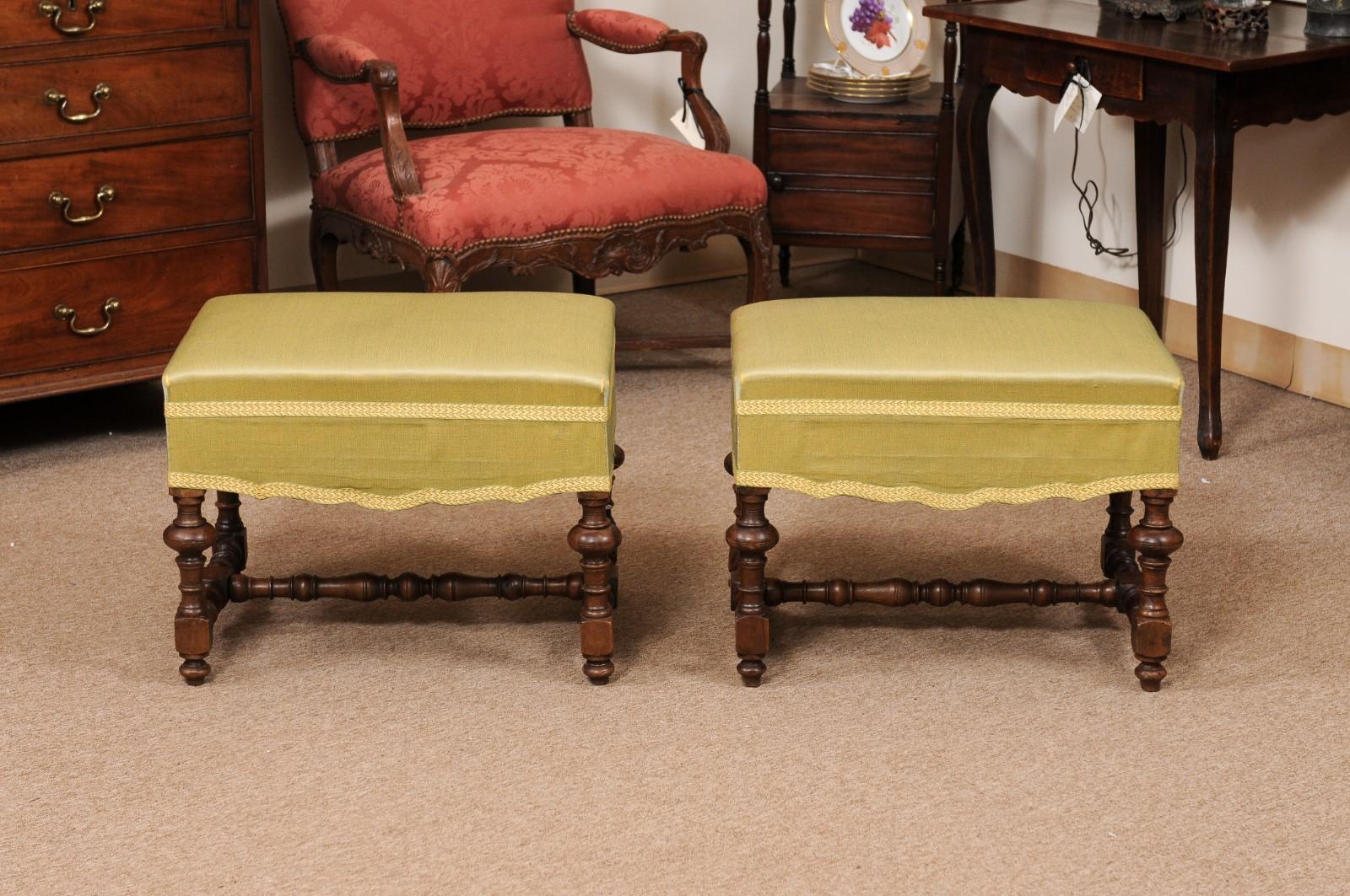 Pair of 18th Century Italian Tuscan Walnut Benches with Turned Legs and Stretchers