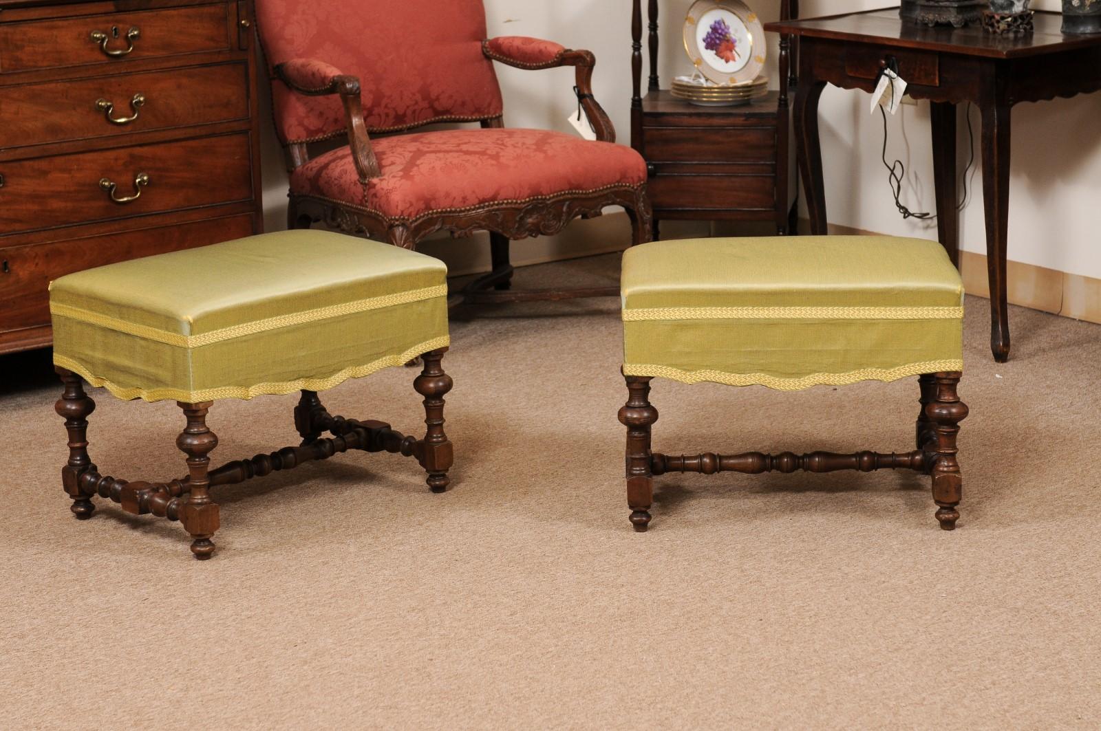 18th Century and Earlier  Pair of 18th Century Italian Tuscan Walnut Benches with Turned Legs and Stretch