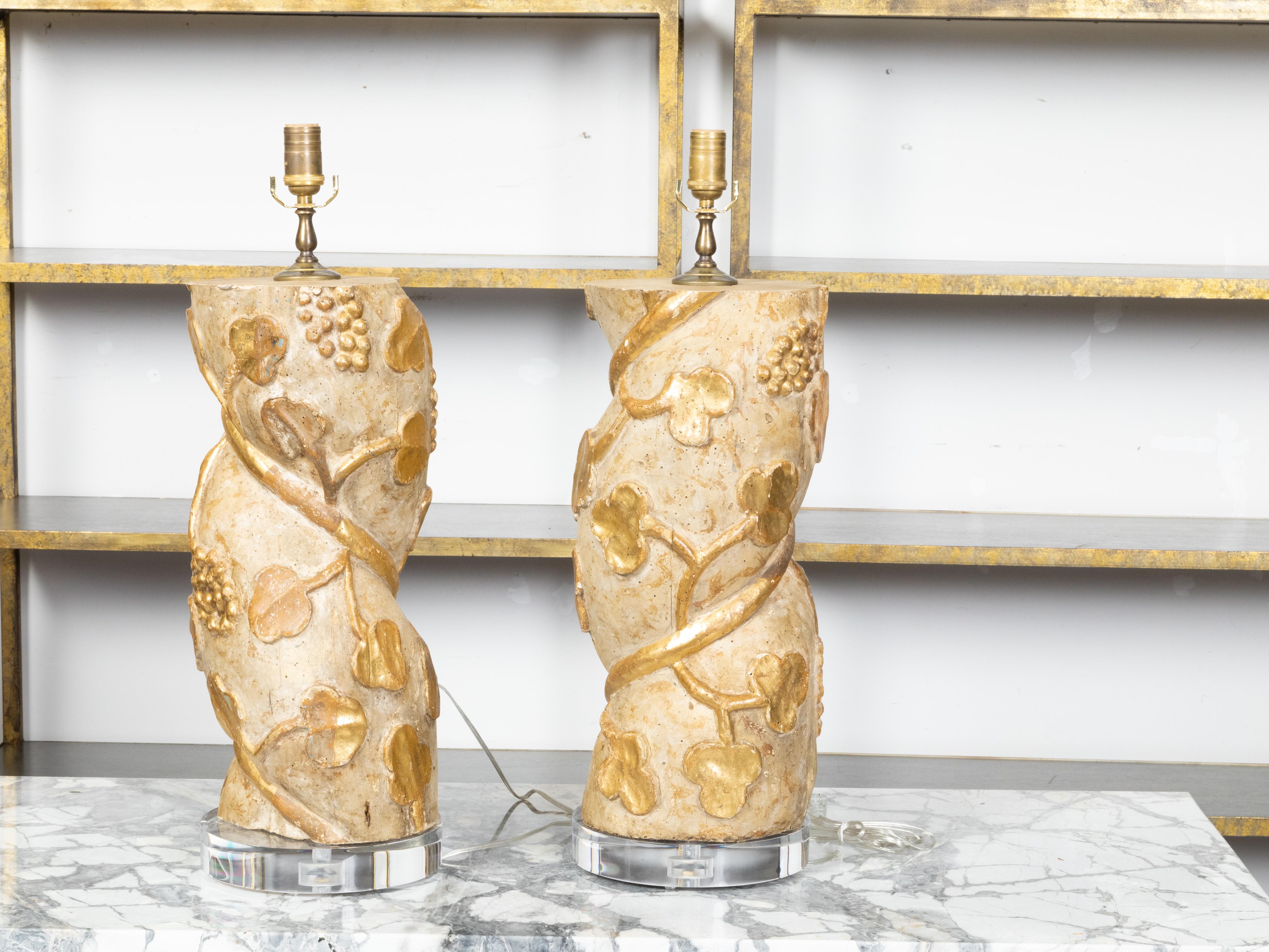 18th Century and Earlier Pair of 18th Century Italian Twisted Column Fragments Made into Table Lamps For Sale