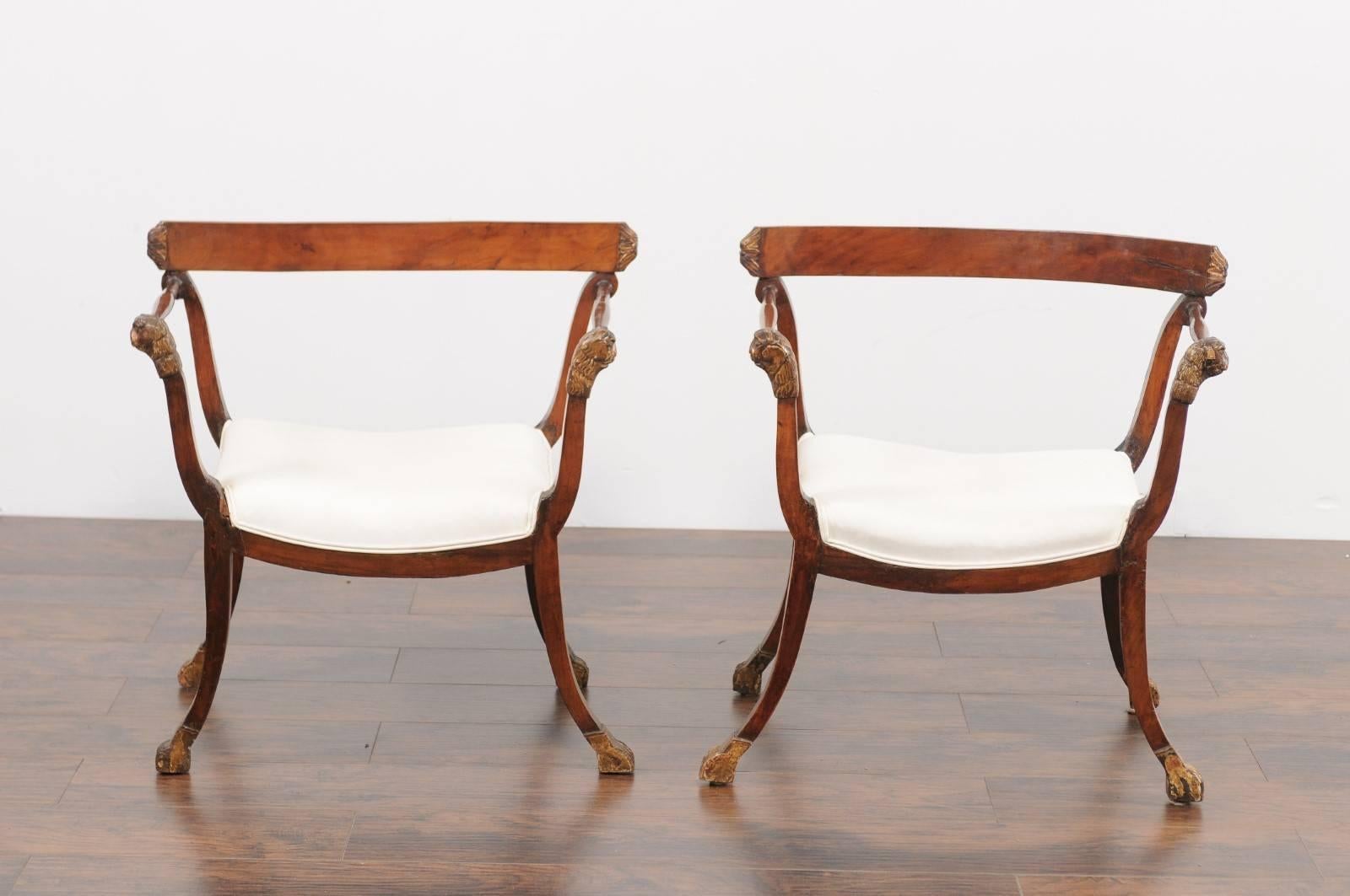 Pair of 18th Century Italian Upholstered Seat Walnut Chairs with Lion Details 1