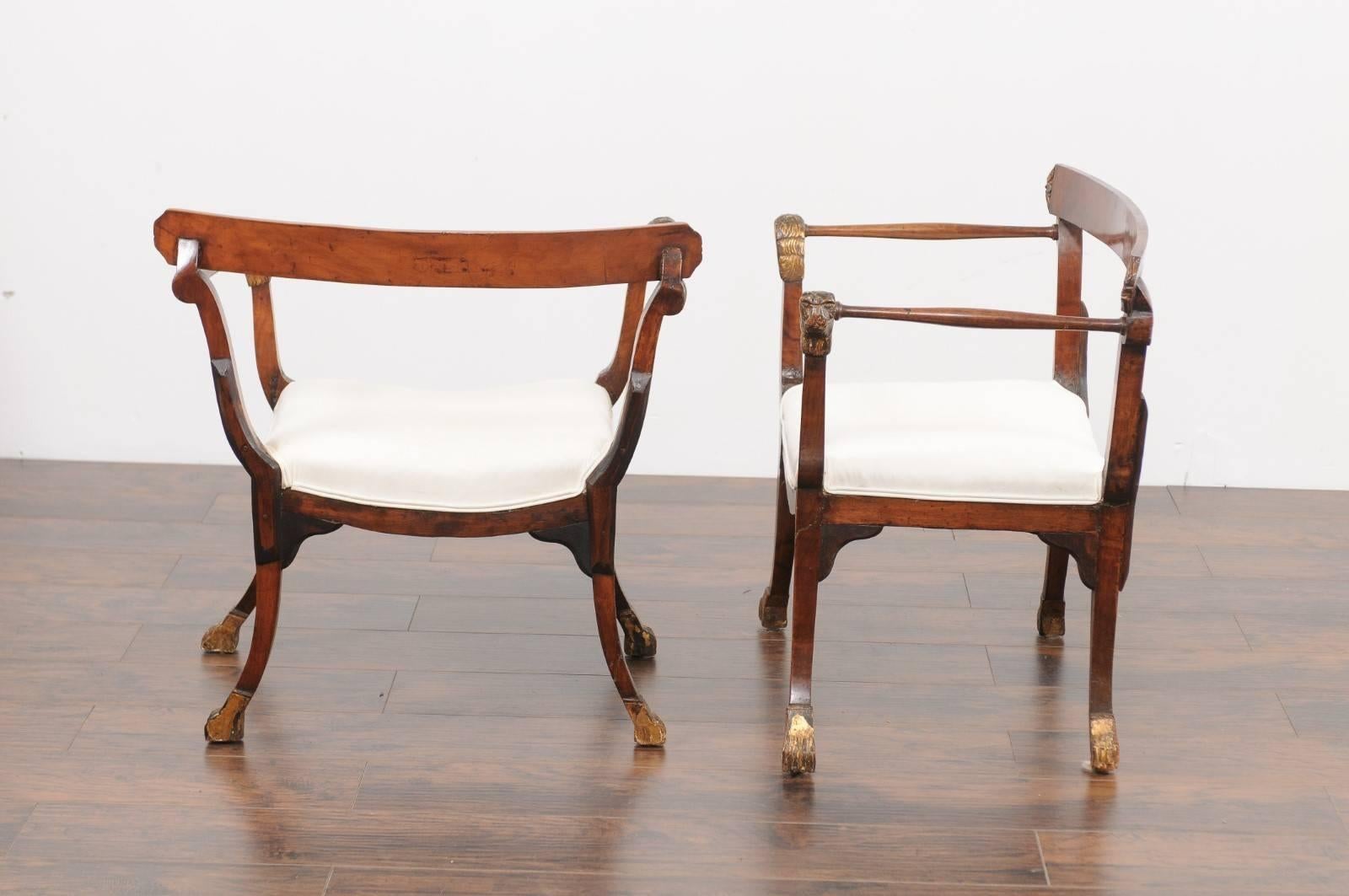 Pair of 18th Century Italian Upholstered Seat Walnut Chairs with Lion Details 3