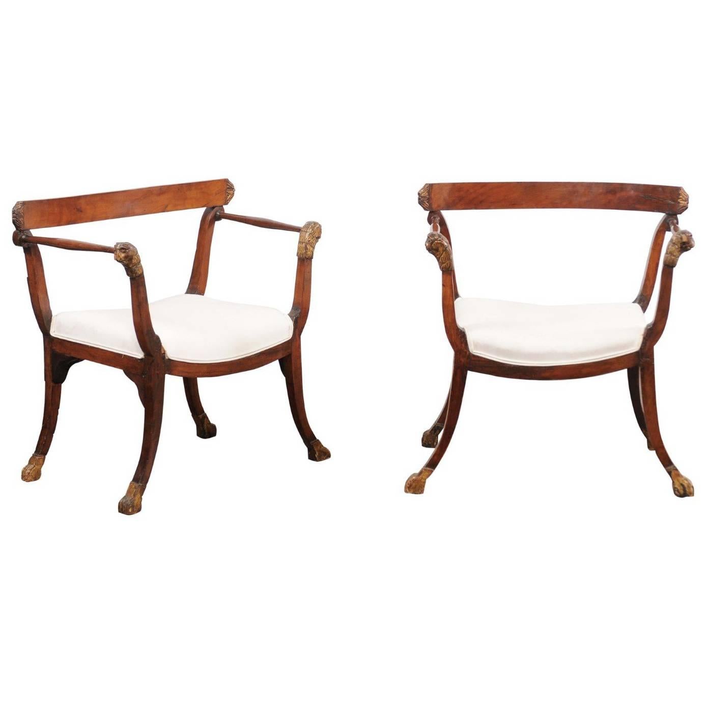 Pair of 18th Century Italian Upholstered Seat Walnut Chairs with Lion Details