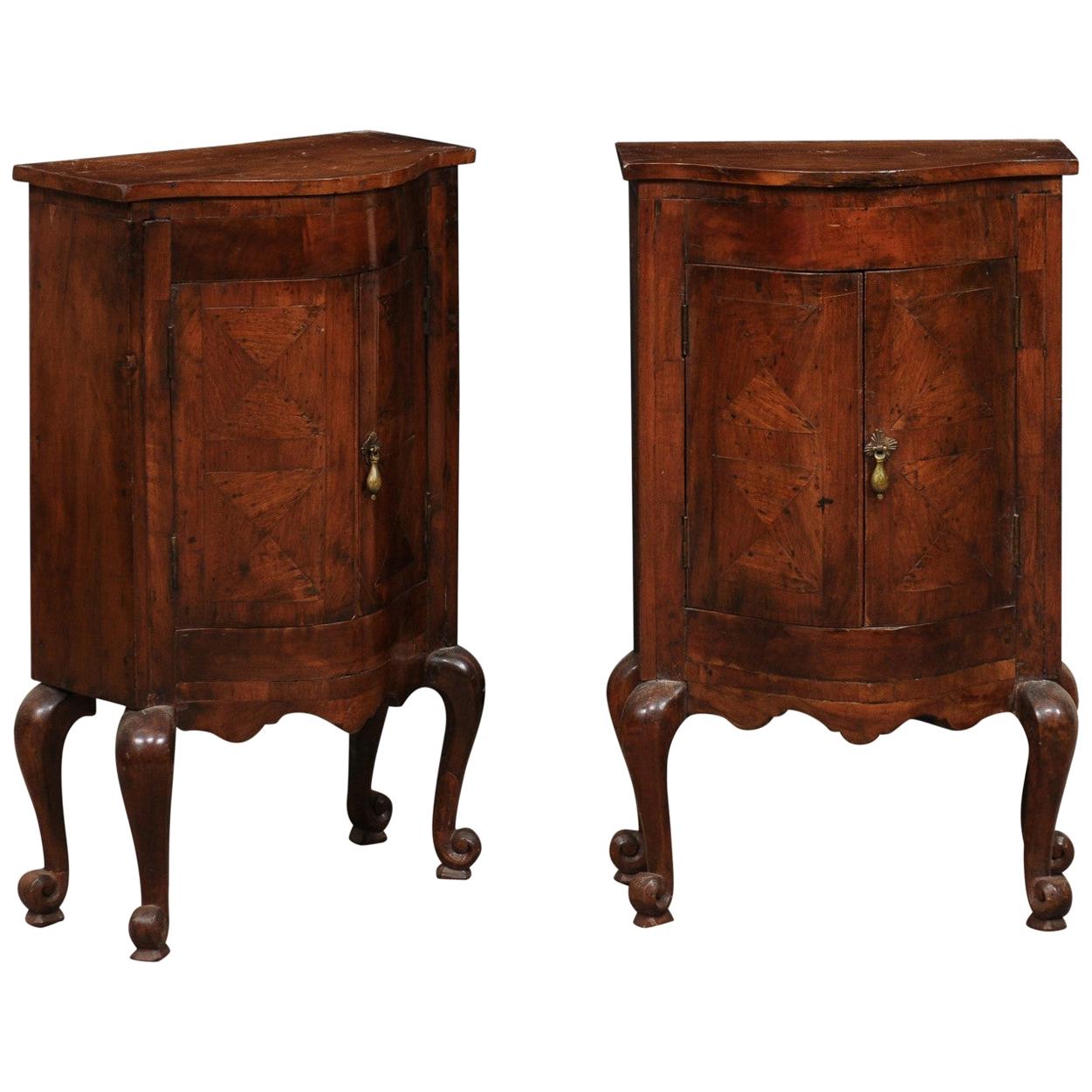 Pair of 18th Century Italian Walnut 2-Door Bow Front Chests, Cute Smaller Size For Sale
